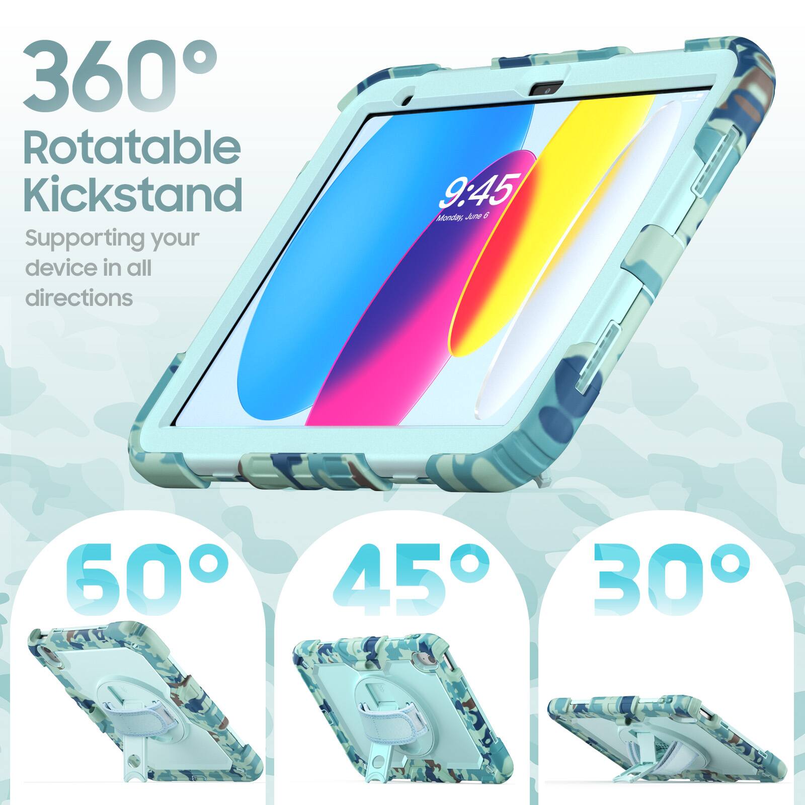 360° Rotatable Kickstand  
Supporting your device in all directions  

9:45  
Monday, June 6  

60°  
45°  
30°