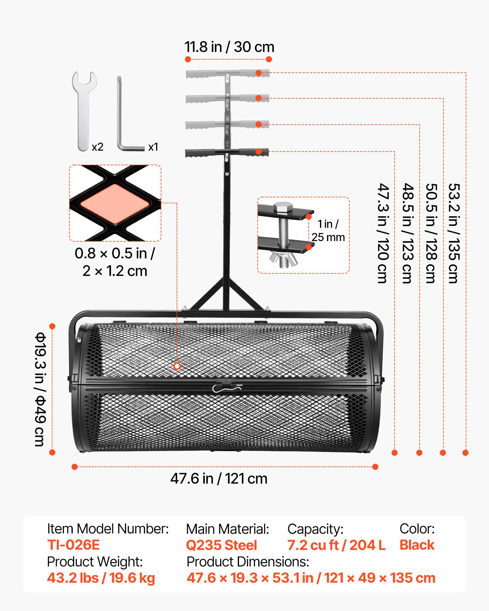 11.8 in / 30 cm x2 x1  
19.3 in / 49 cm  
0.8 x 0.5 in / 2 x 1.2 cm  
47.6 in / 121 cm  
1 in / 25 mm  
47 in / 120 cm  
48.5 in / 123 cm  
50.5 in / 128 cm  
53.2 in / 135 cm  

Item Model Number: TI-026E  
Main Material: Q235 Steel  
Capacity: 7.2 cu ft / 204 L  
Color: Black  
Product Weight: 43.2 lbs / 19.6 kg  
Product Dimensions: 47.6 x 19.3 x 53.1 in / 121 x 49 x 135 cm