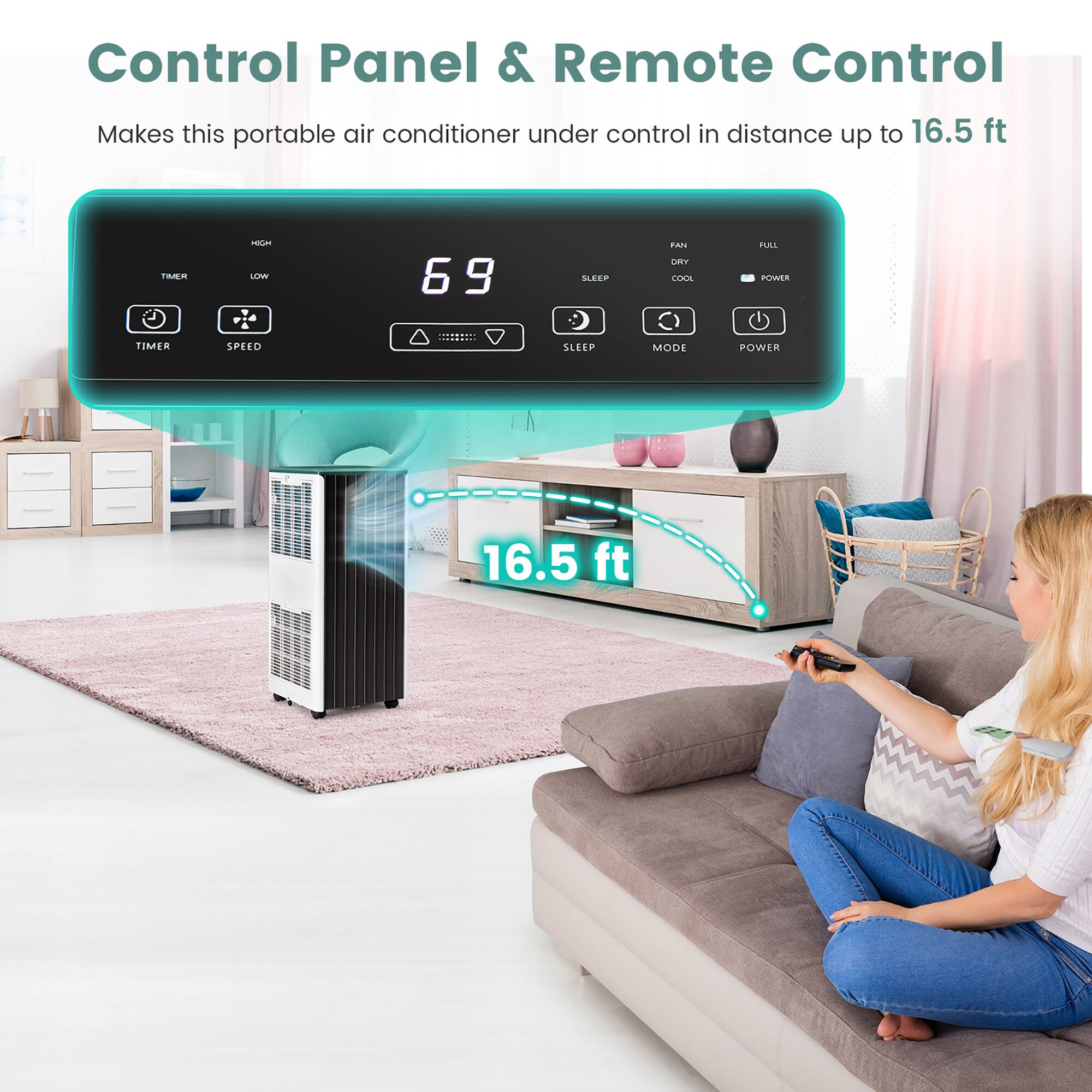 Control Panel & Remote Control, Makes this portable air conditioner under control in distance up to 16.5 ft, 69, 9, SLEEP, FAN, LIT, COCL, AL, nrweR, TIMER, SPEED, SLEEP, MODE, POWER, 16.5 ft