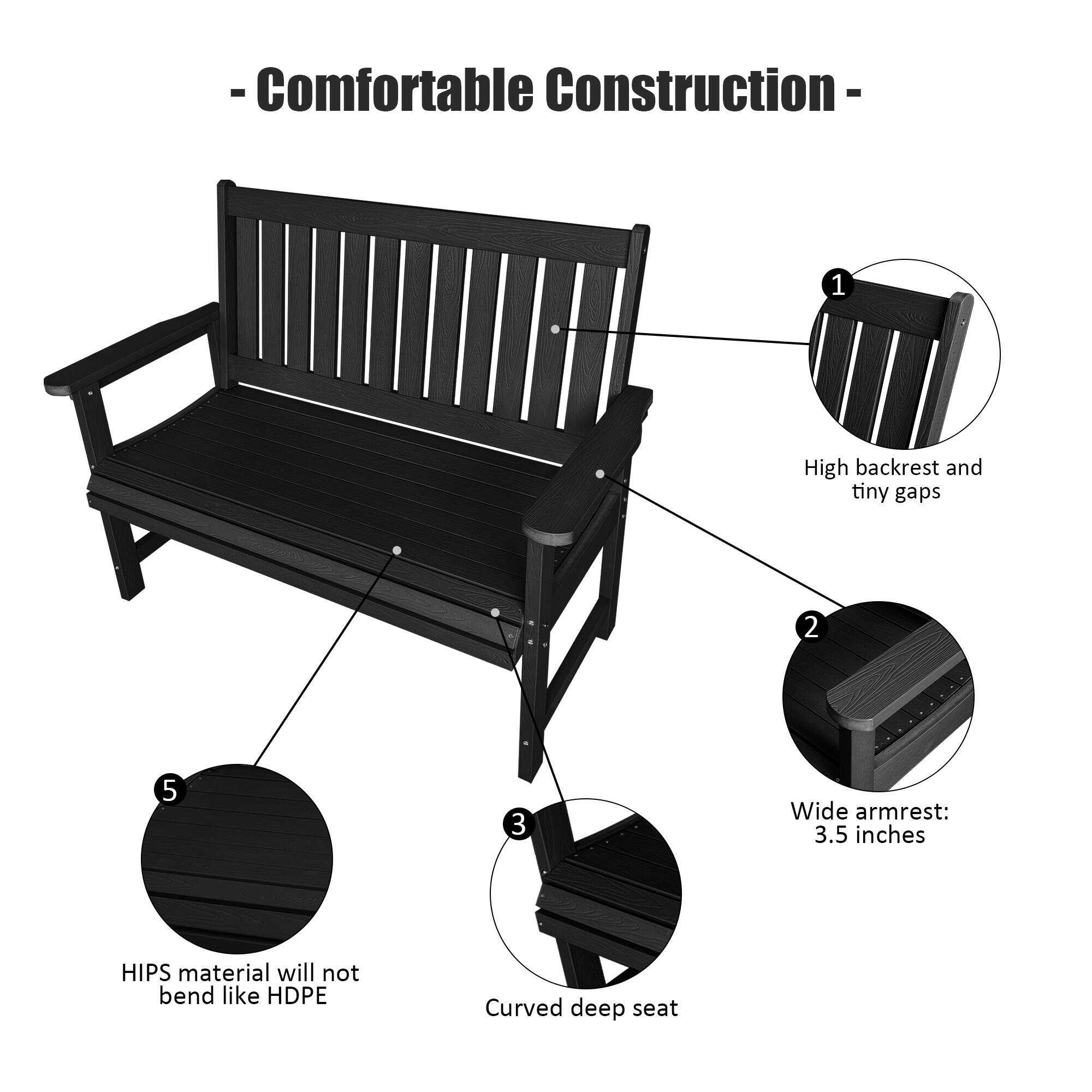 - Comfortable Construction
- High backrest and tiny gaps
- Wide armrest: 3.5 inches
- HIPS material will not bend like HDPE
- Curved deep seat