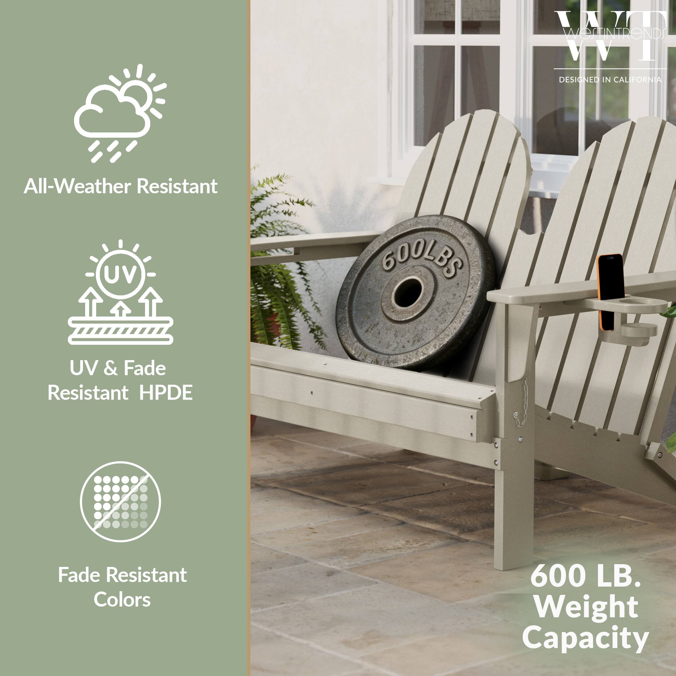 WIN WESTINTRENDS VVI  
DESIGNED IN CALIFORNIA  
All-Weather Resistant  
UV & Fade Resistant HPDE  
Fade Resistant Colors  
600 LB. Weight Capacity