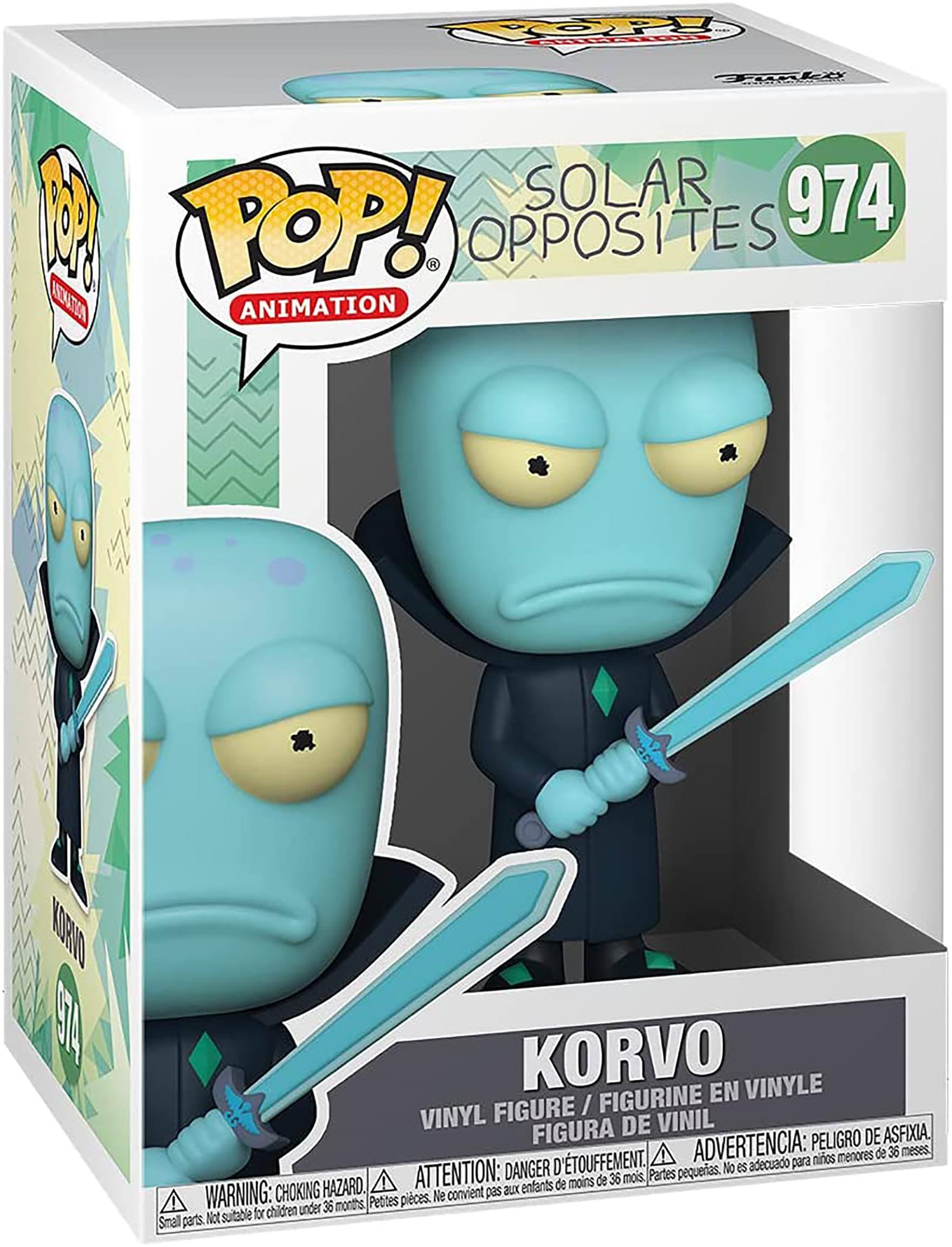 **SOLAR OPPOSITES 974**

**KORVO**

**VINYL FIGURE / FIGURINE EN VINYLE / FIGURA DE VINIL**

**WARNING: CHOKING HAZARD. Small parts. Not suitable for children under 36 months.**

**ATTENTION: DANGER D'ÉTOUFFEMENT. Petites pièces. Ne convient pas aux enfants de moins de 36 mois.**

**ADVERTENCIA: PELIGRO DE ASFIXIA. Partes pequeñas. No es adecuado para niños menores de 36 meses.**

**POP! ANIMATION**