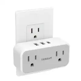 TESSAN - Dual Socket Extender, 2 AC Outlets 3 USB Wall Charger (1 USB C), Gray - Gray, White