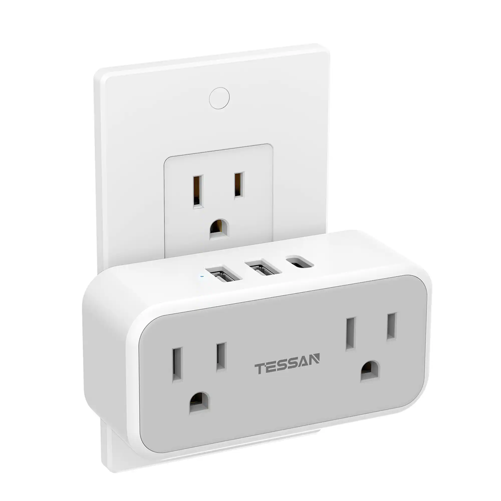 TESSAN - Dual Socket Extender, 2 AC Outlets 3 USB Wall Charger (1 USB C), Gray - Gray, White