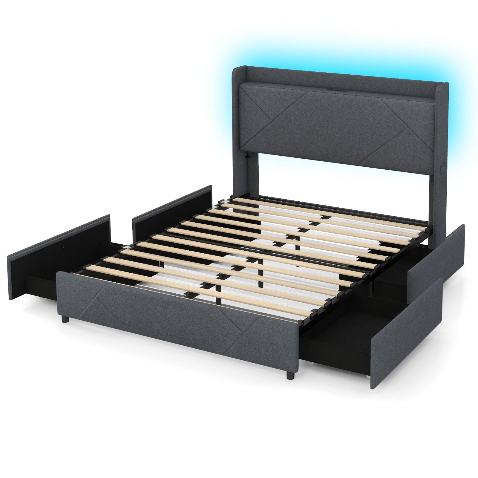 Alt View 4. LUCKY ONE - Queen Assembled Platform Bed Frame with LED Lights Charging Station Wingback Headboard Drawers - Grey-Queen.