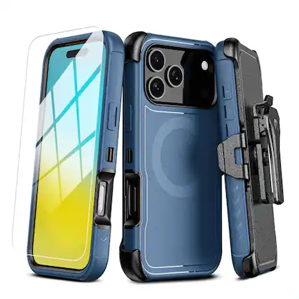 Front. Kitcheniva - All in One Heavy-Duty Case Holster Glass For iPhone 17 Pro Blue - Blue.