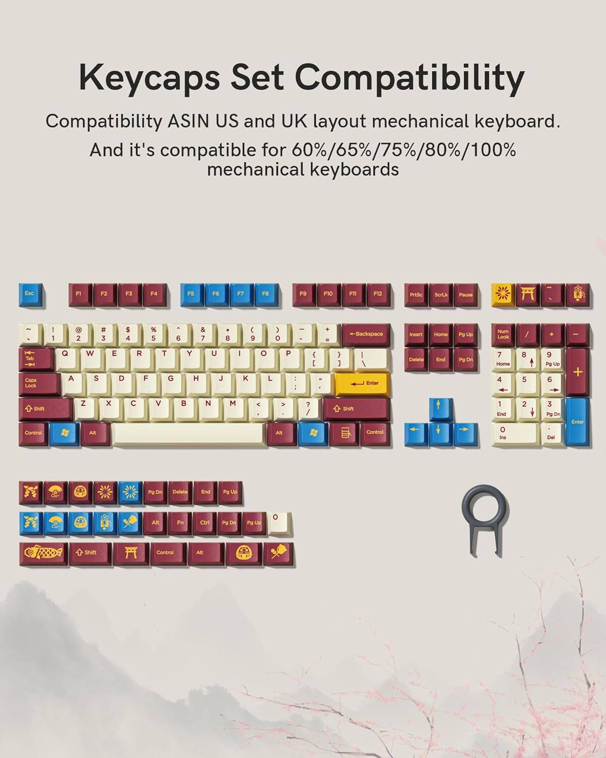 Keycaps Set Compatibility  
Compatibility ASIN US and UK layout mechanical keyboard.  
And it's compatible for 60%/65%/75%/80%/100% mechanical keyboards.