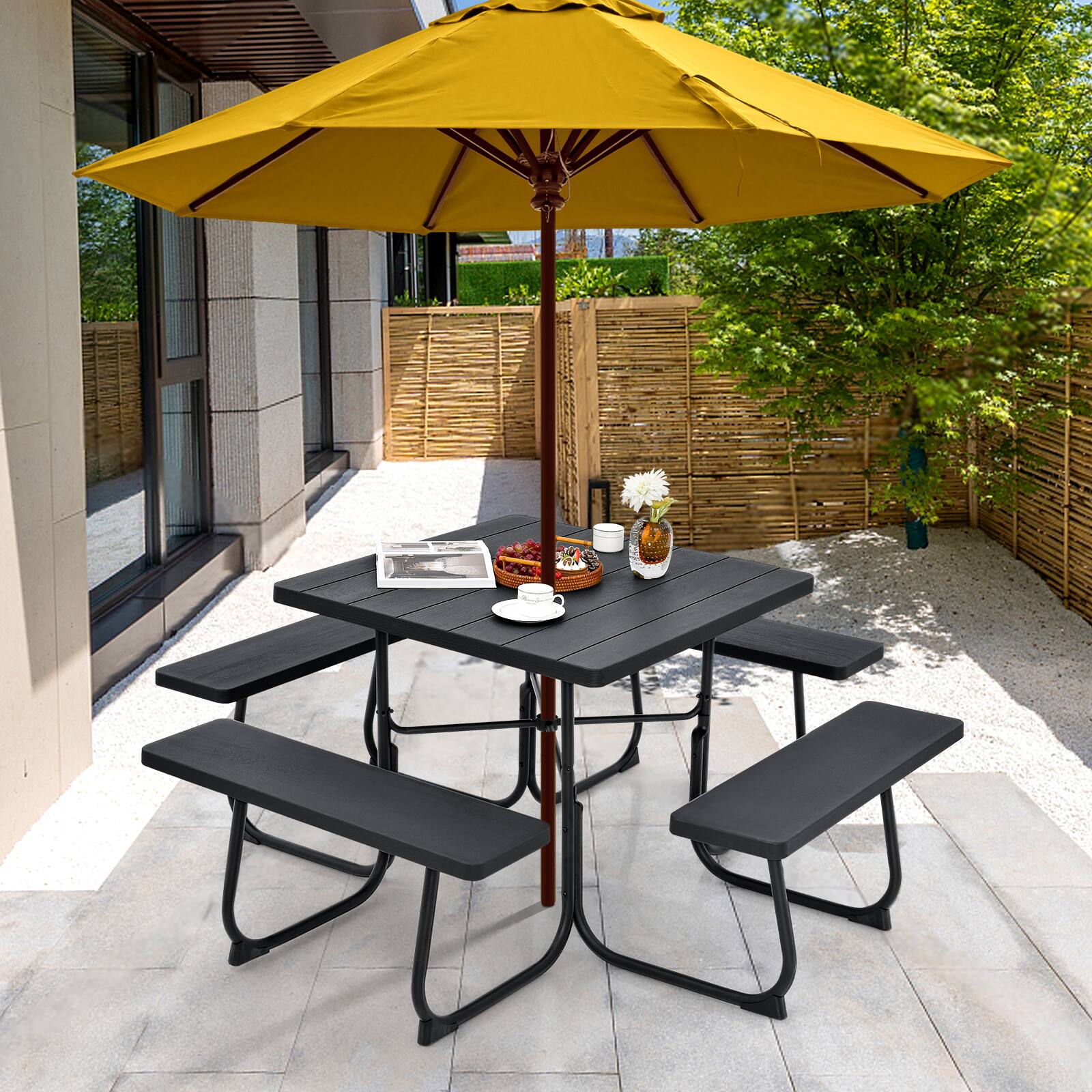 Alt View 1. Gymax - Gymax Outdoor Picnic Table 8-person Square Picnic Table Bench Set w/ 4 Benches & Umbrella Hole Black - Black.