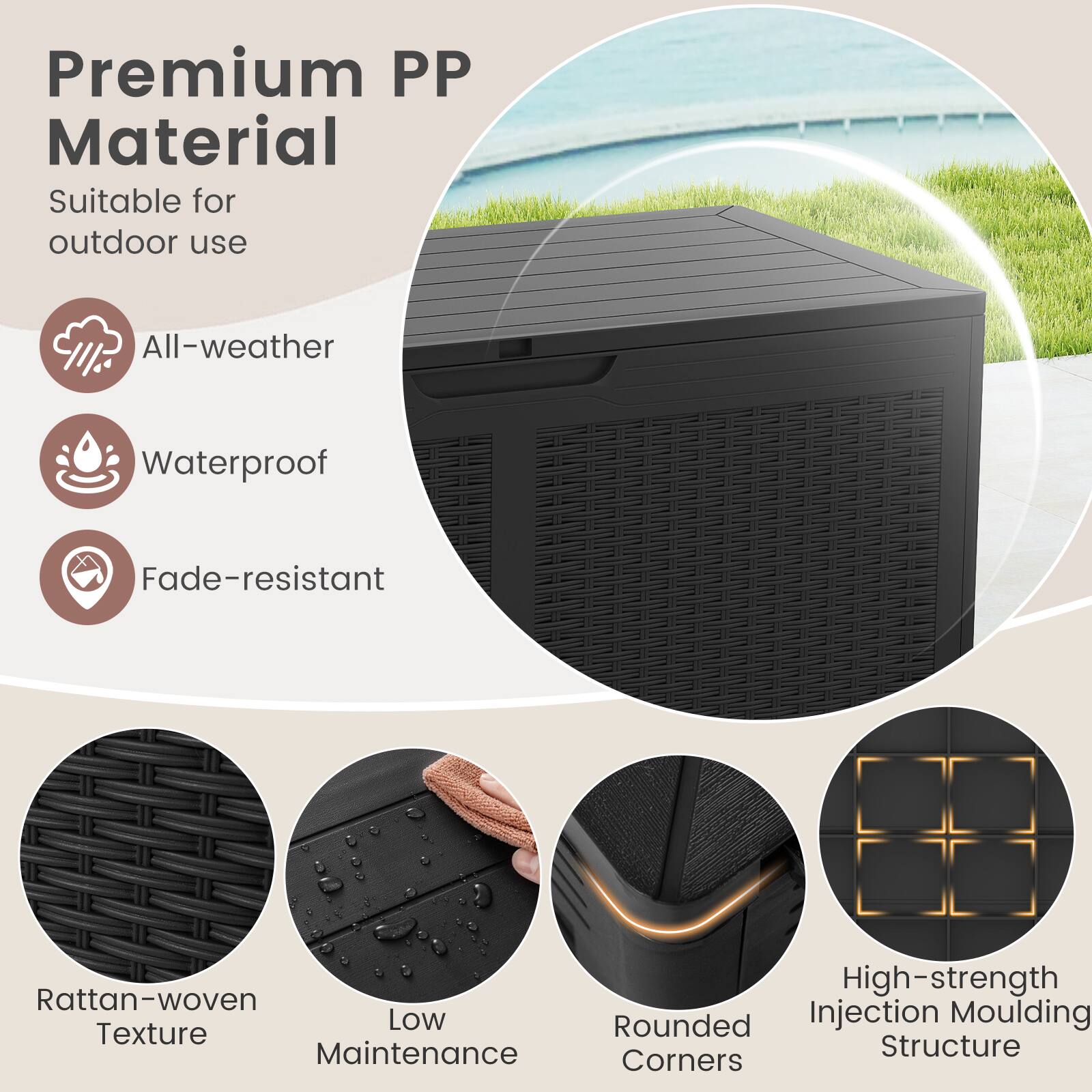 Premium PP Material  
Suitable for outdoor use  

- All-weather  
- Waterproof  
- Fade-resistant  

- Rattan-woven Texture  
- Low Maintenance  
- Rounded Corners  
- High-strength Injection Moulding Structure