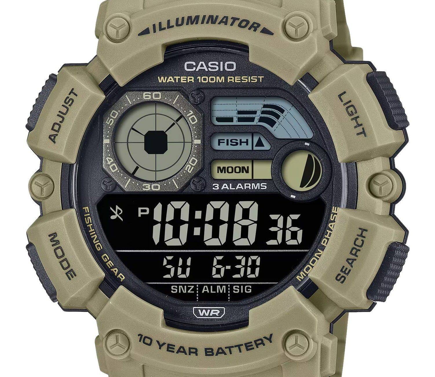 ILLUMINATOR  
CASIO  
WATER 100M RESIST  
LIGHT  
ADJUST  
FISH  
MOON  
3 ALARMS  
FISHING GEAR  
PHASE MODE  
SEARCH  
SNZ ALM SIG  
WR  
10 YEAR BATTERY