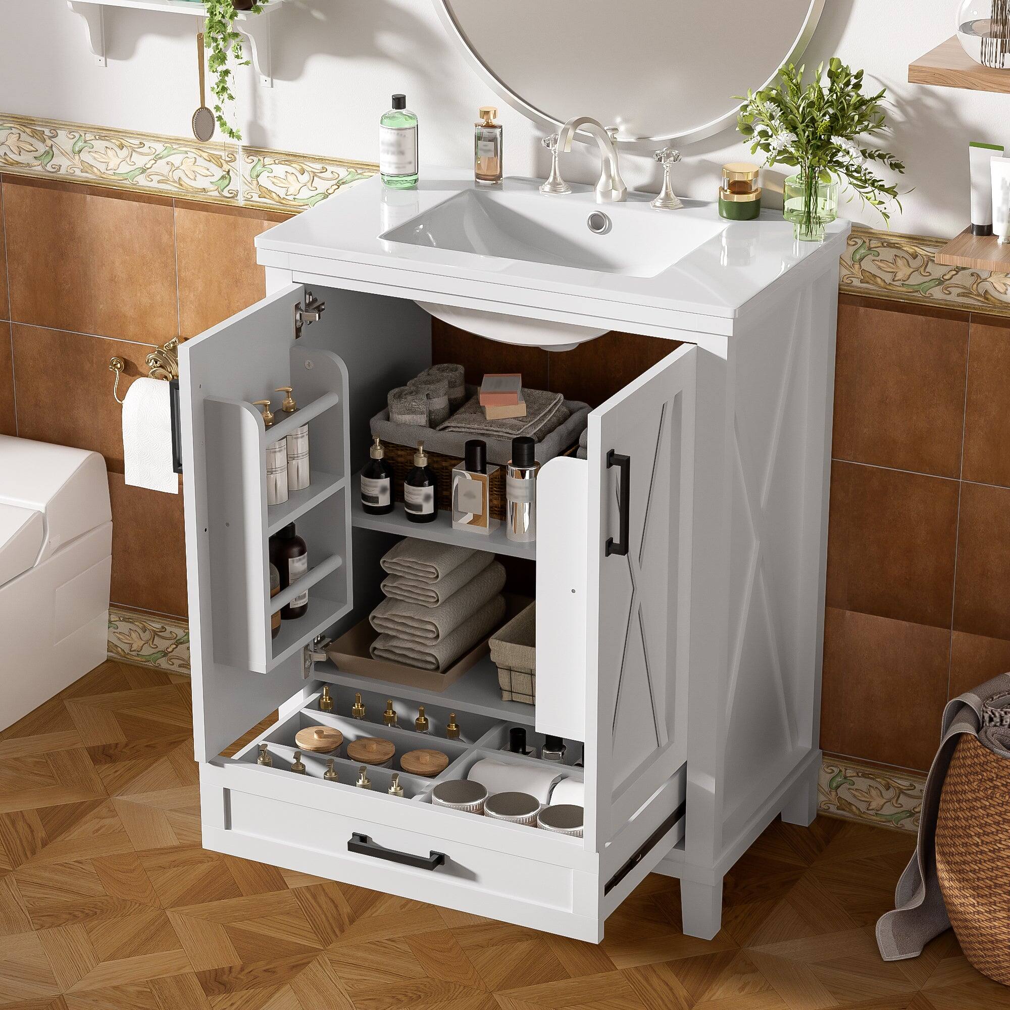 Alt View 5. Boyel Living - 24 Inch White Bathroom Vanity with Ceramic Sink, 2 Soft Close Doors, 1 Divided Drawer, Dual Door Shelves - White.