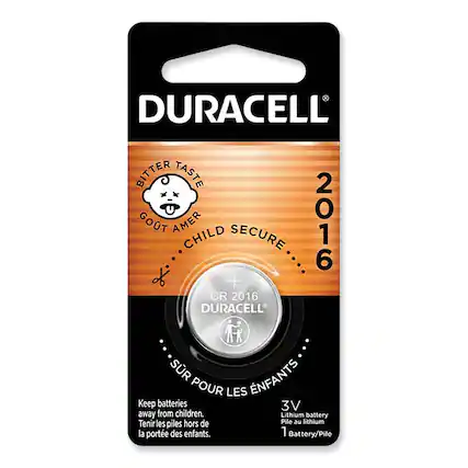 DURACELL BITTER TASTE GOT AMER CHILD SECURE .... 2016 CR 2016 DURACELL SR NFANTS POUR LES Keep batteries 3V away from children. Lithium battery Tenir les piles hors de Pile au lithium la portée des enfants. 1 Battery/Pile
DURACELL
BITTER TASTE
GOUT AMER
CHILD SECURE
2016
CR 2016
DURACELL
SUR POUR LES ENFANTS
Keep batteries away from children.
Tenir les piles hors de la portée des enfants.
3V
Lithium battery
Pile au lithium
1 Battery/Pile