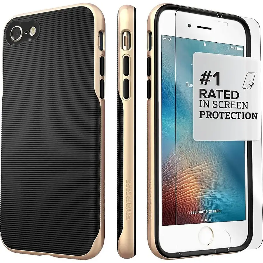 The image features a white iPhone with a black case and a screen protector. The screen protector is rated as the #1 rated in screen protection. The case is designed to protect the phone from scratches and other damages.