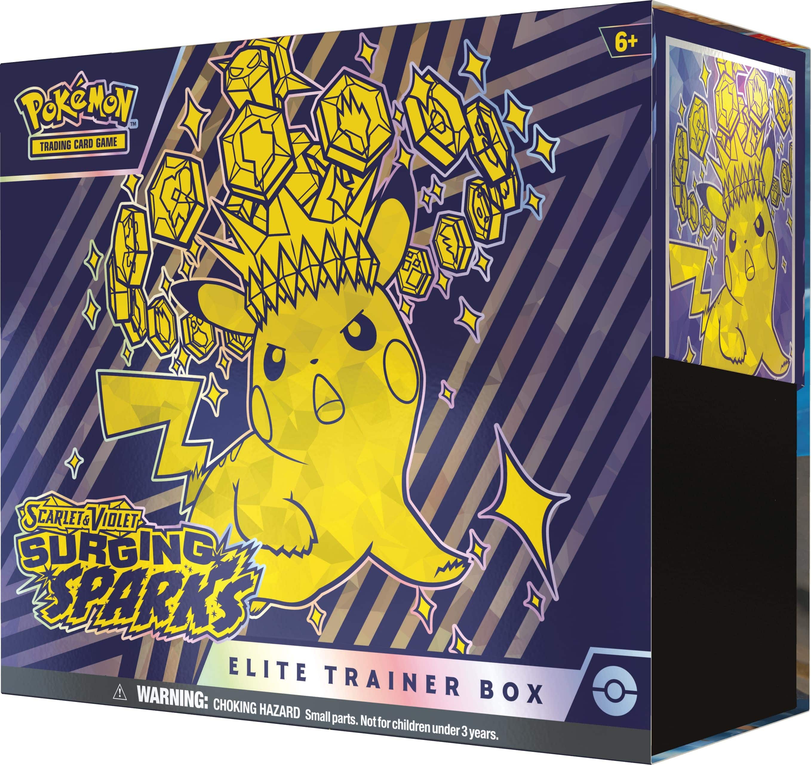 Pokemon Trading Card Game 6+ Scarlets Violet Surging Sparks Elite Trainer Box. Warning: Box choking hazard. Small parts. Not for children under 3 years.
