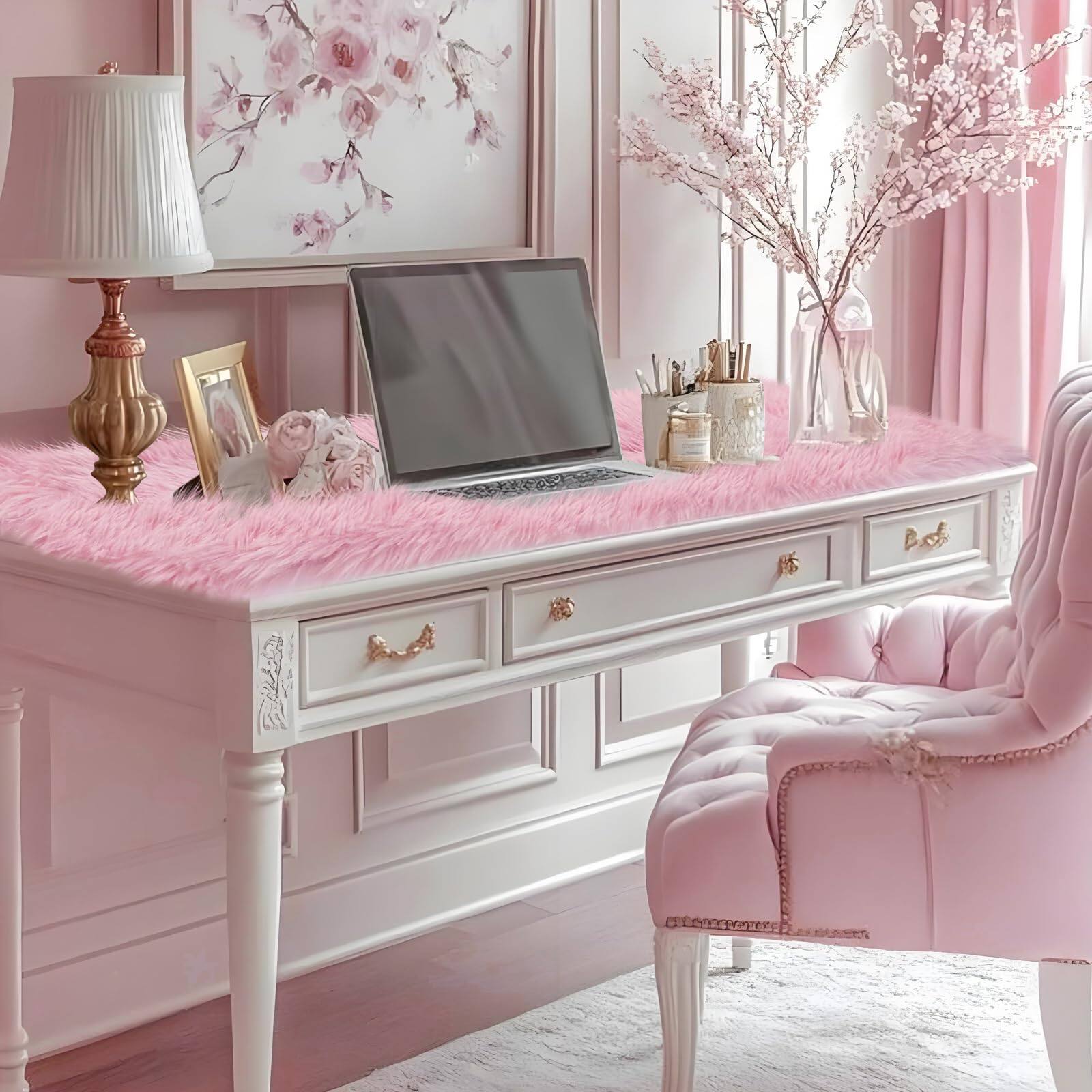 Alt View 2. Stylel Star - Pink Preppy Dresser Runner And Topper Cover 48 Inches  Girly Fluffy Faux Small Desk Decor For Home Decorations Coffee - White-72 inches.