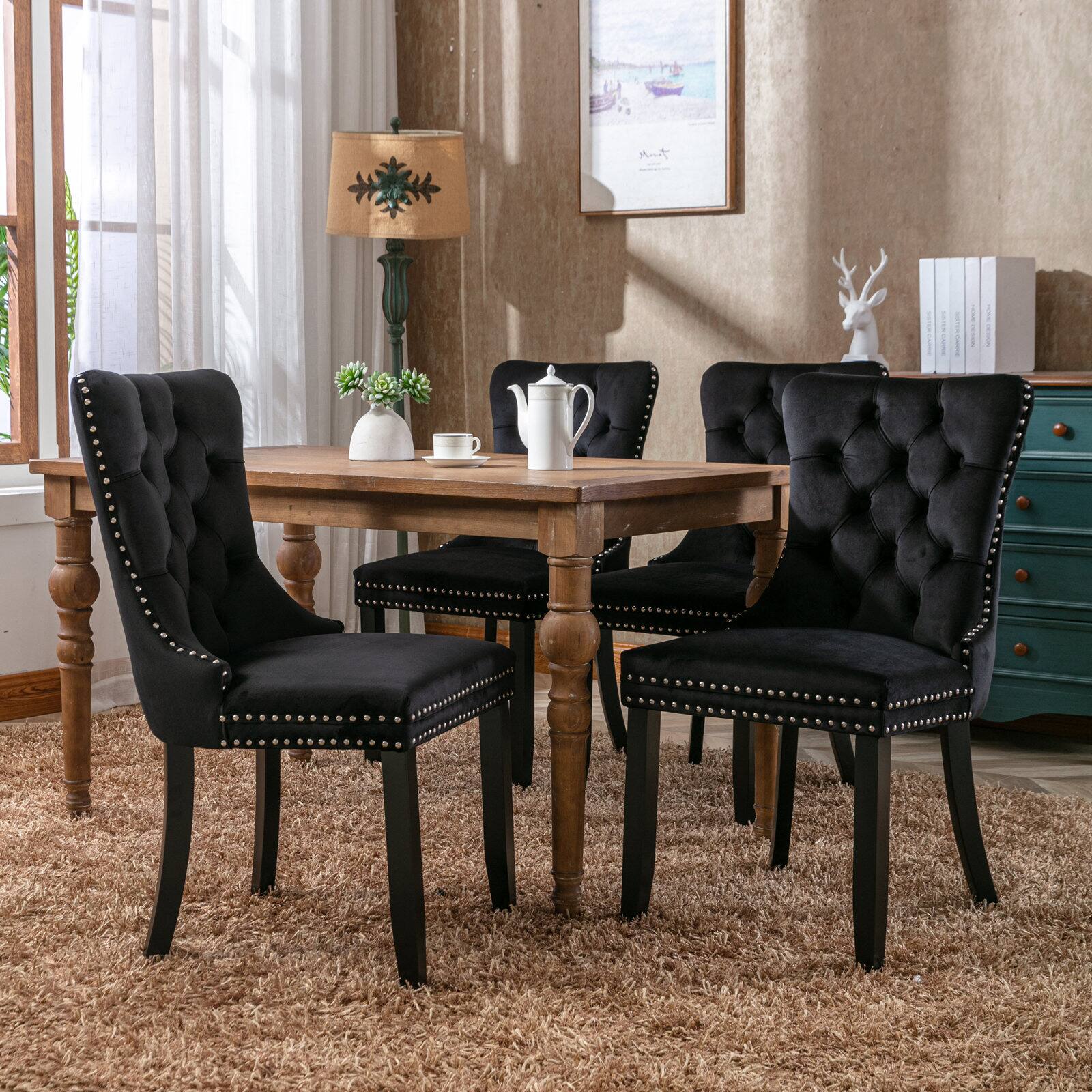 Left. Z-Edge - Velvet Dining Chairs Set of 2, Upholstered High-end Tufted Dining Room Chair with Nailhead Back Ring Pull Trim Wood Legs - Black.