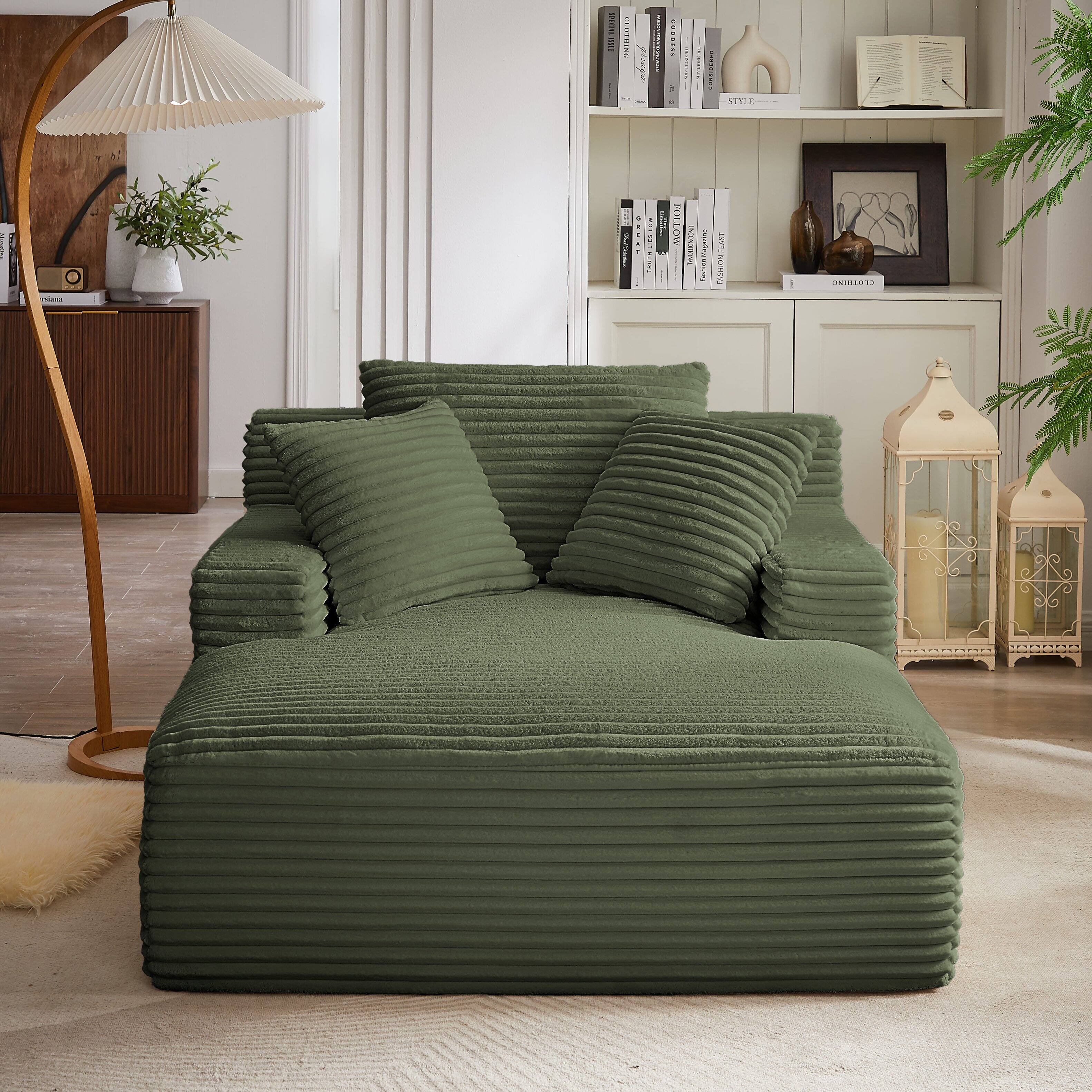 Angle. Aukfa - Corduroy Sleeper Sofa & Lounge Chair - No Assembly, Deep Seat, Armrests, 2 Pillows | Upholstered Chaise, Indoor Comfort - Light Green.