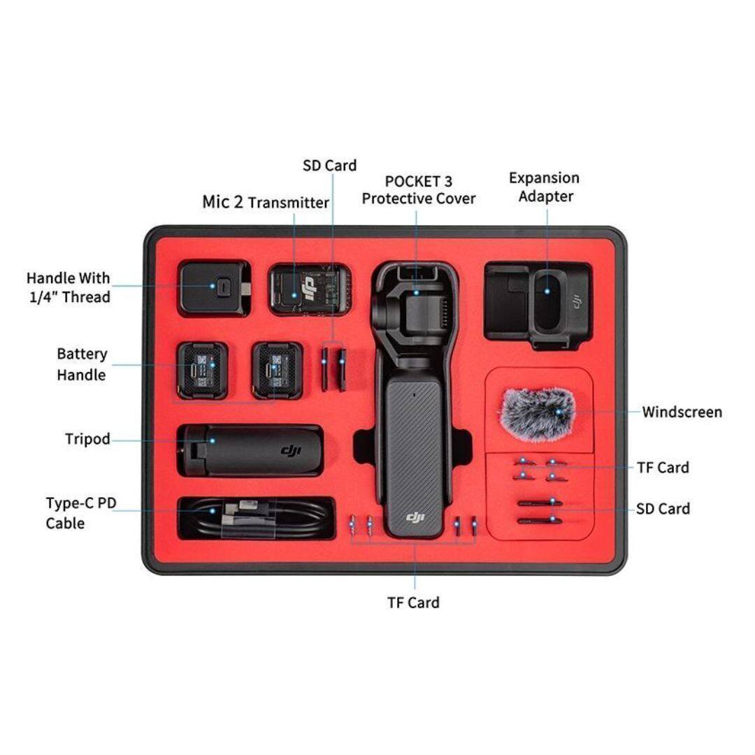 Sure, here is the corrected and grouped text from the image:

- SD Card
- Mic 2 Transmitter
- POCKET 3 Protective Cover
- Expansion Adapter
- Handle With 1/4" Thread
- Battery Handle
- Tripod
- Type-C PD Cable
- Windscreen
- TF Card
- SD Card
- TF Card