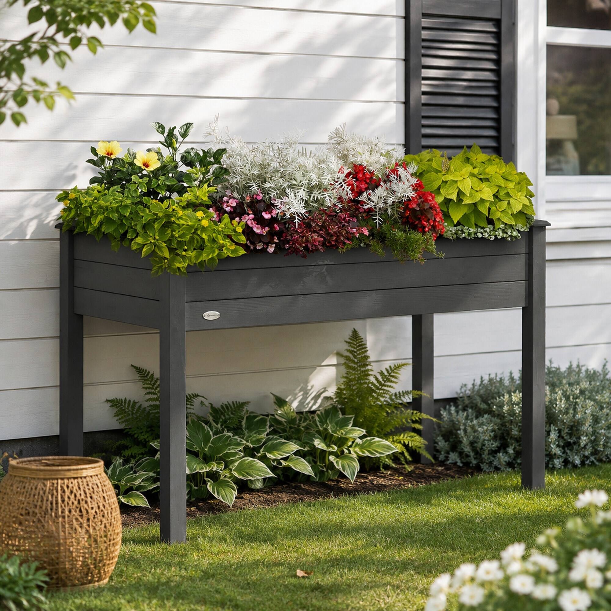 Angle. RYHNUYNE - Outsunny Raised Garden Bed with Legs, 48" x 22" x 30" Elevated Wooden Planter Box, Self-Draining with Bed Liner - Gray.