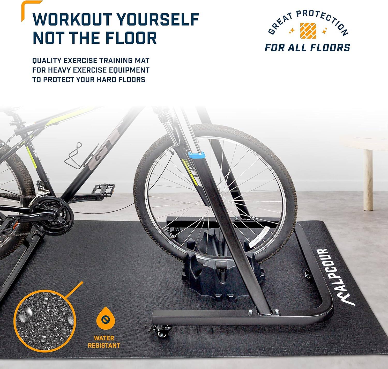 WORKOUT YOURSELF NOT THE FLOOR. QUALITY EXERCISE TRAINING MAT FOR HEAVY EXERCISE EQUIPMENT TO PROTECT YOUR HARD FLOORS. GREAT PROTECTION FOR ALL FLOORS. WATER RESISTANT. KALPCOUR.