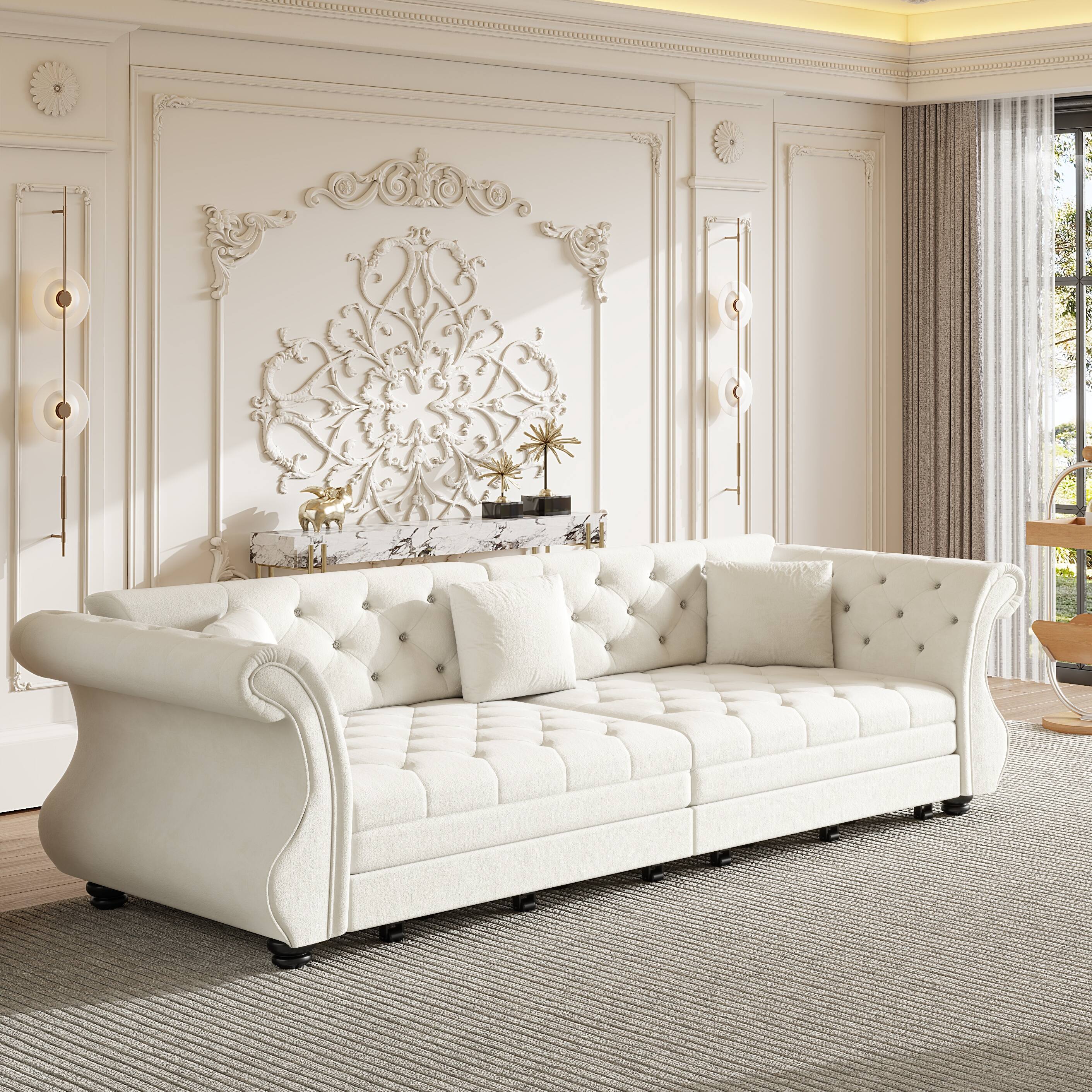 Angle. Anysun - 97.6" Oversized Velvet Chesterfield Pull-Out Sofa Bed - Classic Roll Arm, Flower Tufting for Living Room & Apartment - White.