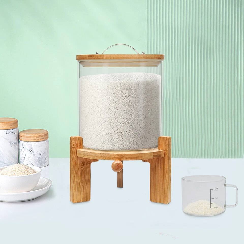 Alt View 1. Home Collection - 5L Glass Rice and Grain Dispenser with Bamboo Stand and Valve - Clear (glass), Natural (bamboo).