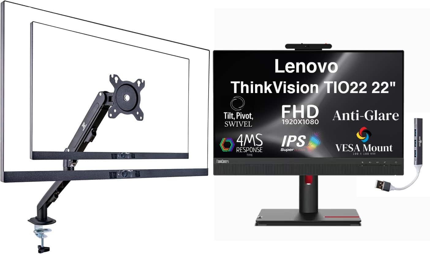 Lenovo - 22" FHD IPS Monitor, 4ms Response Time, Anti-Glare, HDMI, Color w/DKZ Hub & ErgoFlexy Single Mount Arm - Black