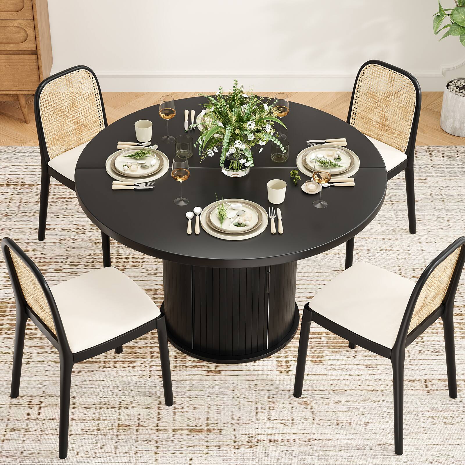 Alt View 3. PexFix - 43" Round Dining Table for 4, Small Wood Kitchen Table with Sturdy Metal Base, Modern for Dining Room/Apartments - Black.