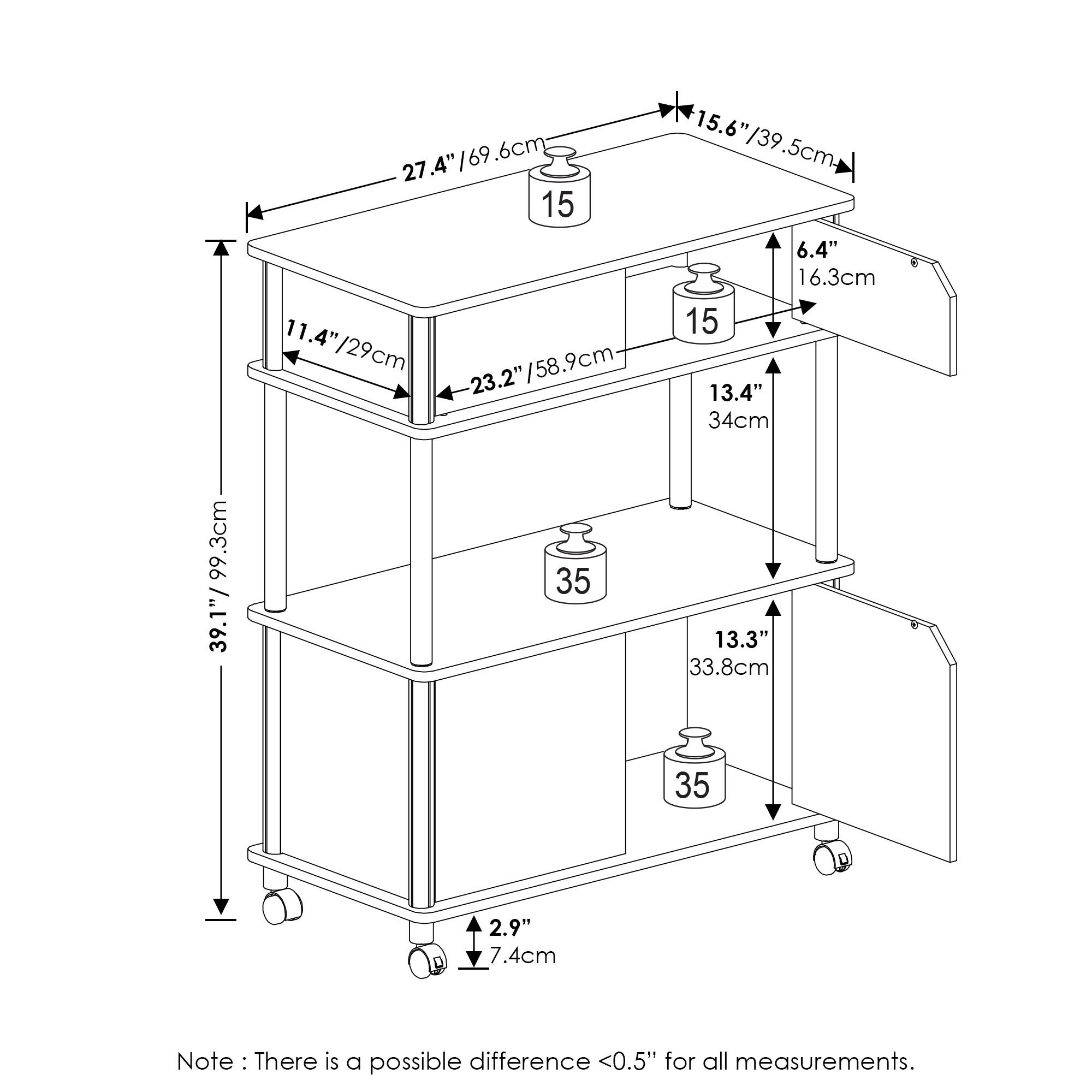 15.6" / 39.5cm  
27.4" / 69.6cm  
11.4" / 29cm  
23.2" / 58.9cm  
6.4" / 16.3cm  
13.4" / 34cm  
13.3" / 33.8cm  
9.3" / 23.6cm  
2.9" / 7.4cm  
Note: There is a possible difference <0.5" for all measurements.