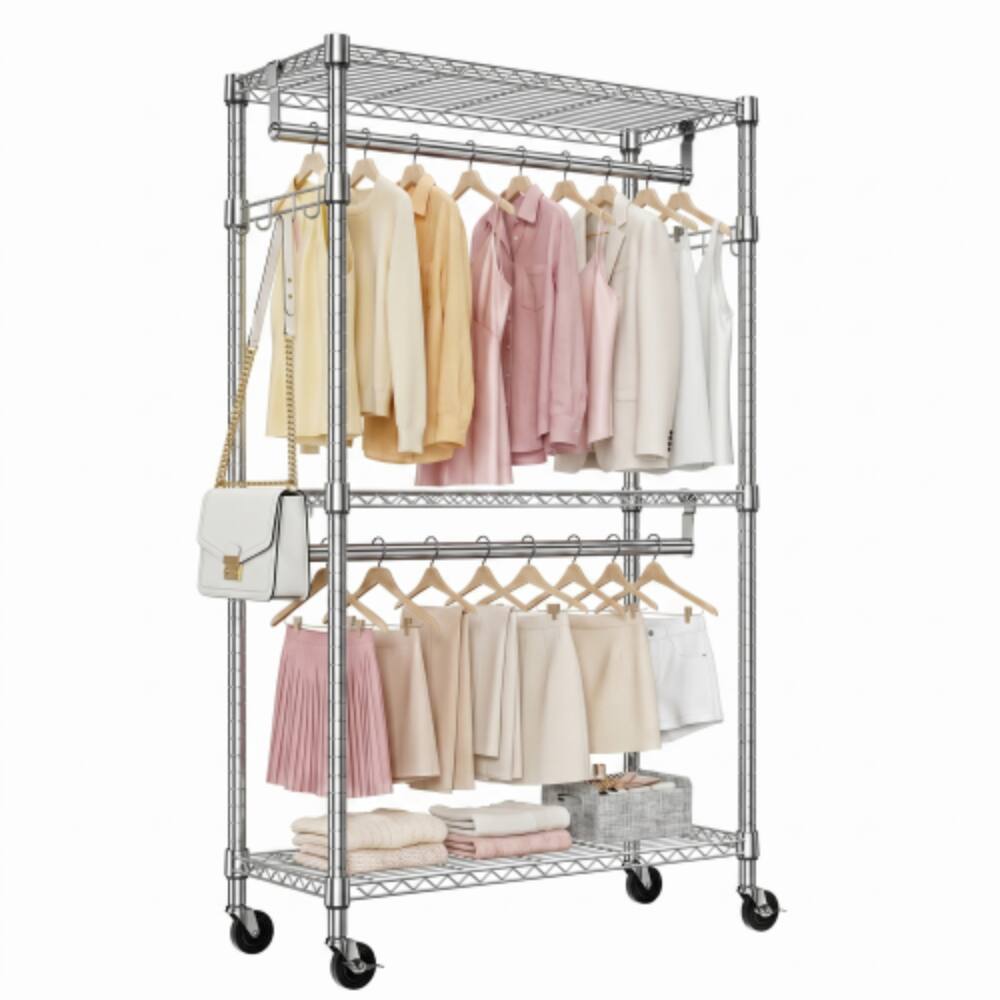 Alt View 2. LUCKY ONE - 74.5" H 3-Tier Heavy Duty Rolling Garment Rack w/ 2 Rods Side Hooks - Chrome.