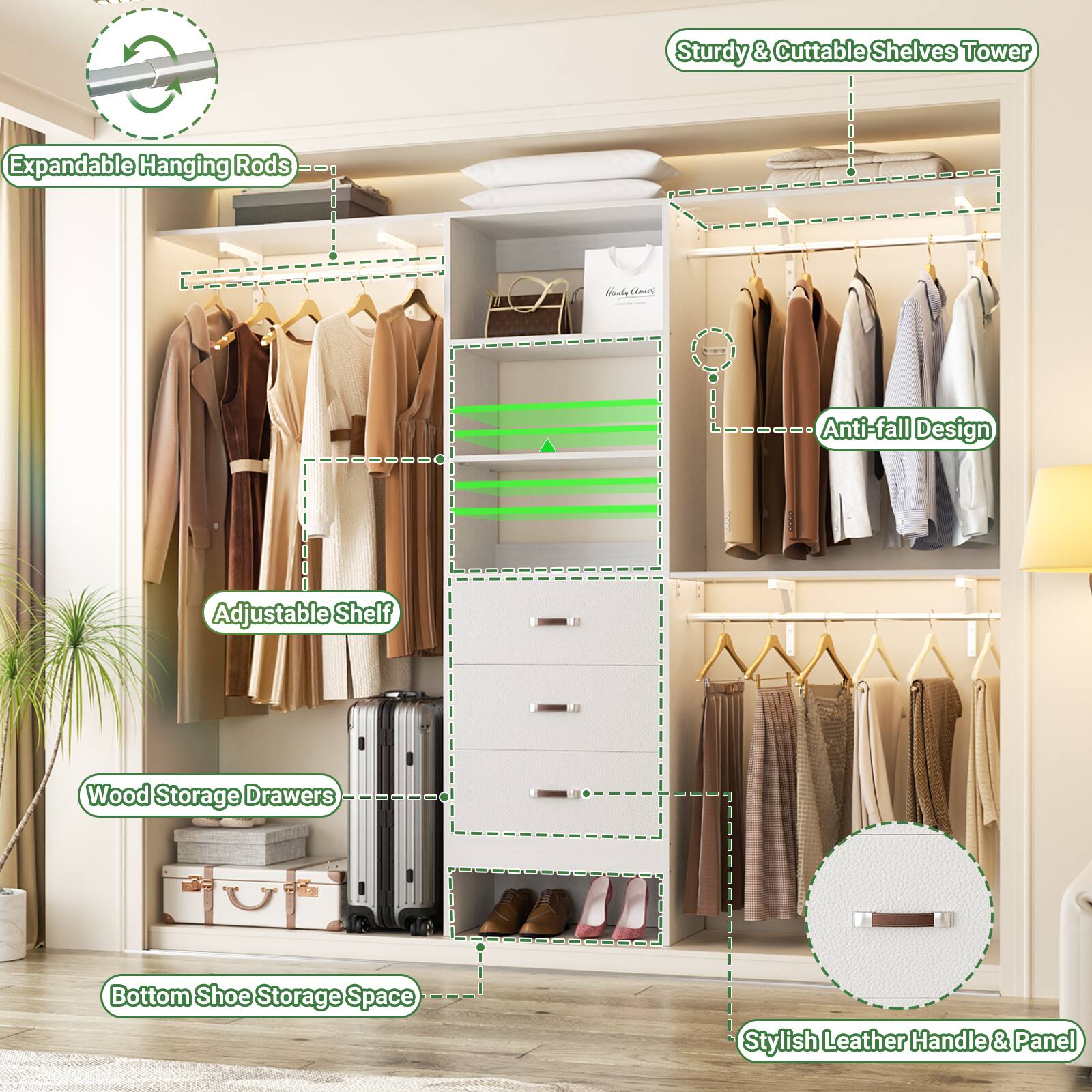 - Expandable Hanging Rods
- Sturdy & Cuttable Shelves Tower
- Anti-fall Design
- Adjustable Shelf
- Wood Storage Drawers
- Bottom Shoe Storage Space
- Stylish Leather Handle & Panel