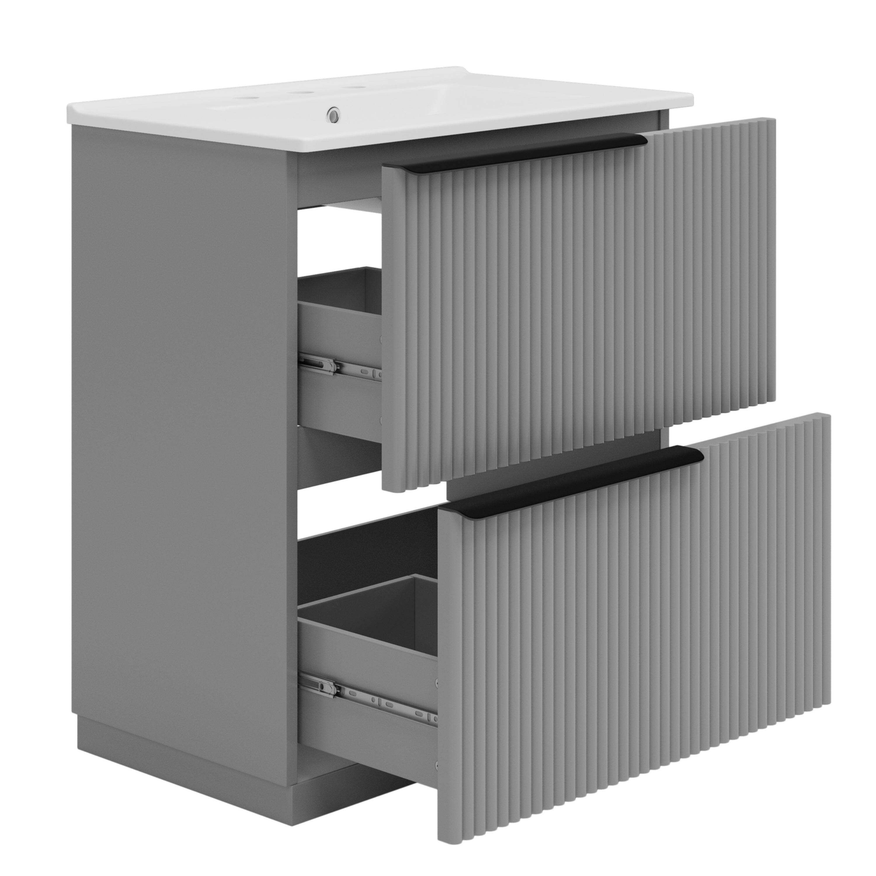 Back. Boyel Living - 30 Inch Bathroom Vanity with Ceramic Sink Full Extension Drawers Soft Close Fluted Design White - White.