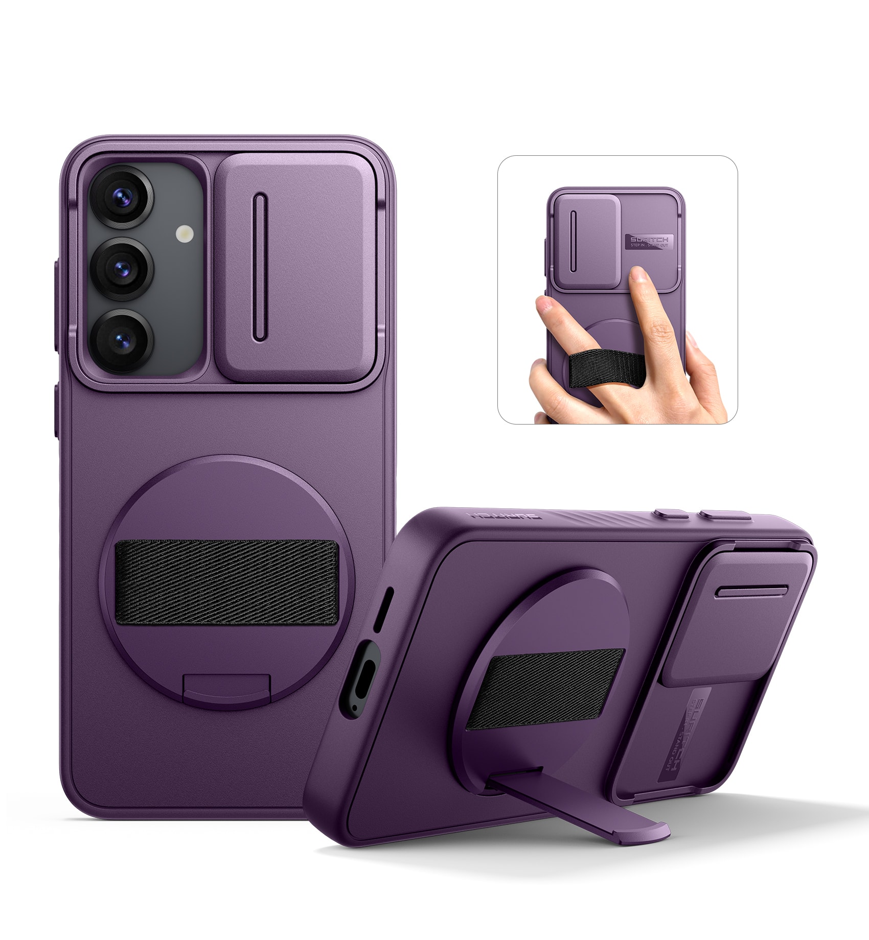 SURITCH - Case for Samsung Galaxy S25+ Plus with 360° Rotatable Hand Strap, Invisible Kickstand, Camera Cover, Rugged Shockproof - Dark Purple