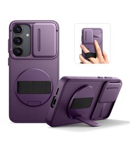 SURITCH - Case for Samsung Galaxy S25 with 360° Rotatable Hand Strap, Invisible Kickstand, Slide Camera Cover, Rugged Shockproof - Dark Purple