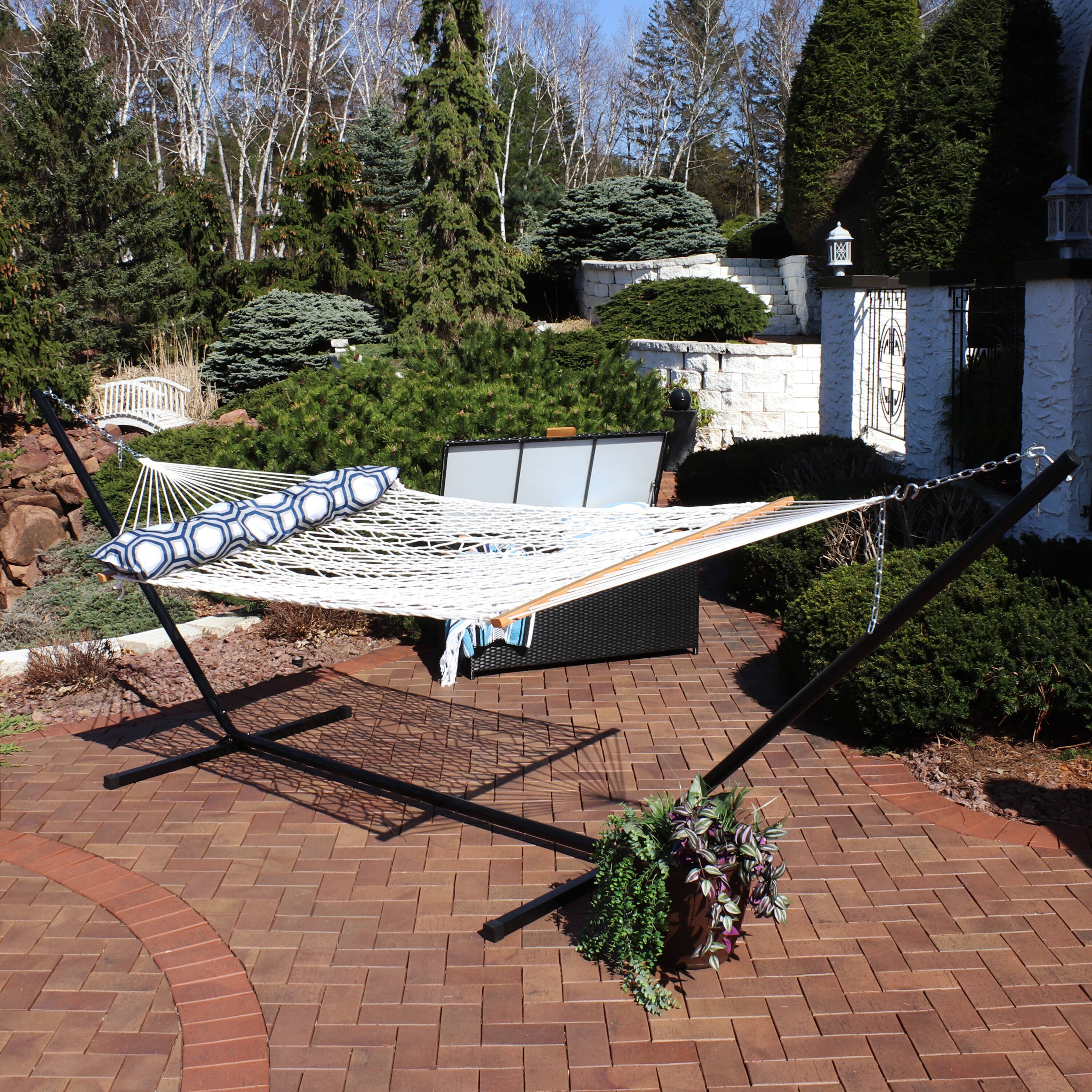 Alt View 3. Sunnydaze - Large Polyester Rope Hammock with Steel Stand and Pillow - White.