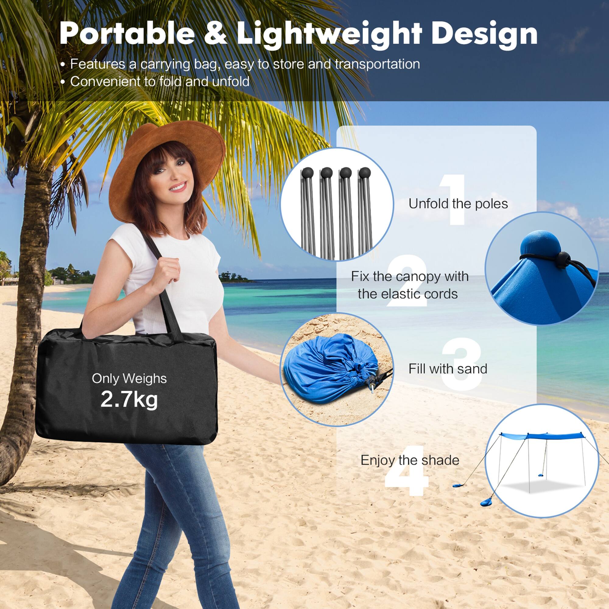 Portable & Lightweight Design: Features a carrying bag, easy to store and transportation. Convenient to fold and unfold. Only weighs 2.7kg. Unfold the poles. Fix the canopy with the elastic 2 cords. Fill with 3 sand. Enjoy the shade.
