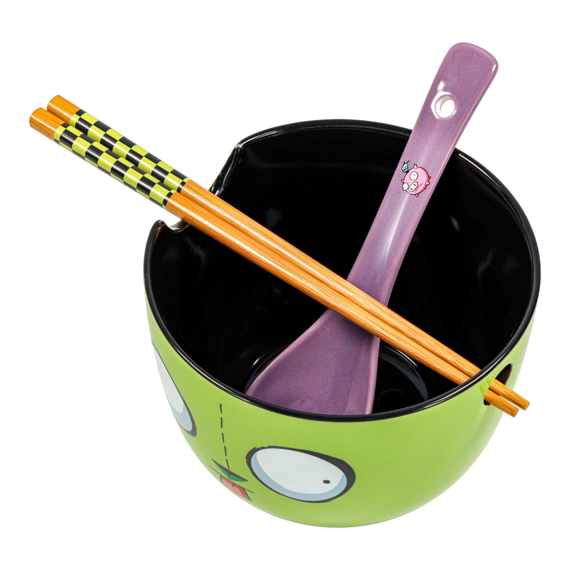 Alt View 2. Silver Buffalo - Invader Zim GIR Ceramic Ramen Bowl, Chopstick, and Spoon Set - Green.
