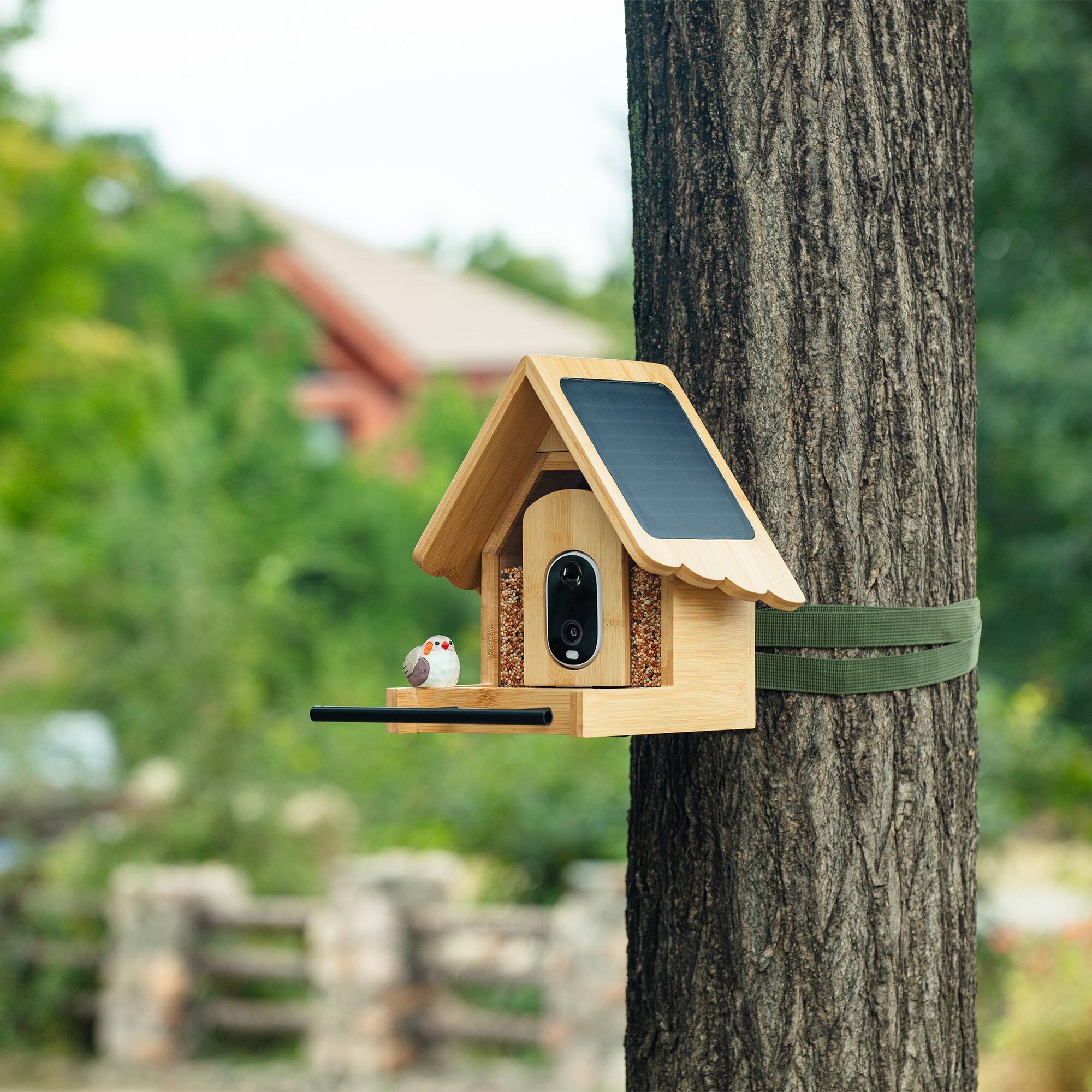 Angle. Parrot Uncle - Bamboo Crafted Smart Wild Bird Feeder with Camera for Outdoor, Solar Power & AI Recognition and Color Night Vision - Wood.