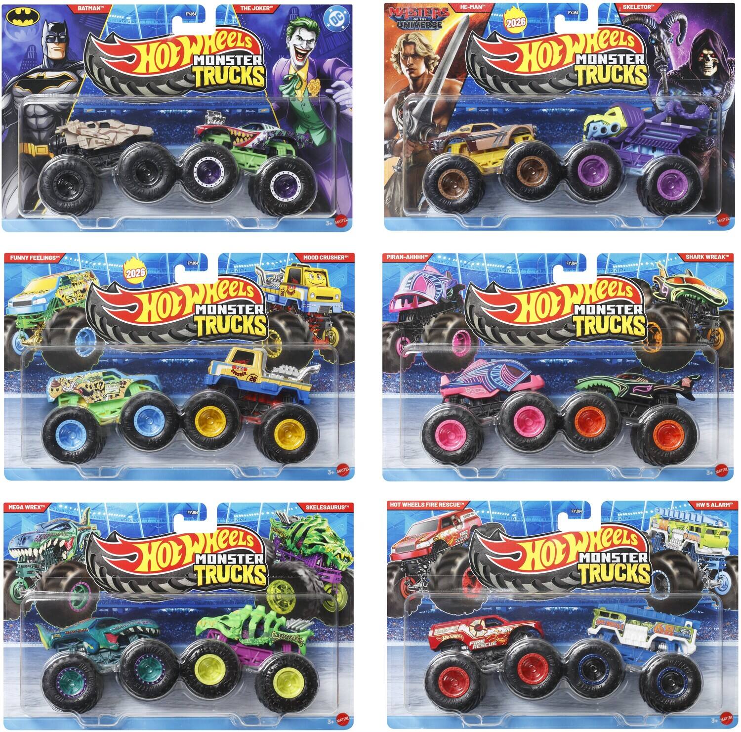 Sure, here is the corrected and grouped text from the image:

---

**Top Row:**

- **Batman**  
  Hot Wheels Monster Trucks  
  2026  
  Funny Feelings™

- **The Joker™**  
  Hot Wheels Monster Trucks  
  2026  
  Mood Crusher™

**Second Row:**

- **Water Universe**  
  Hot Wheels Monster Trucks  
  2026  
  Preah-Arsh™

- **Skeleton™**  
  Hot Wheels Monster Trucks  
  2026  
  Shark Wreck™

**Third Row:**

- **Hot Wheels Monster Trucks**  
  2026  
  Mega Wreck™

- **Hot Wheels Monster Trucks**  
  2026  
  Skel-Eraus™

**Bottom Row:**

- **Hot Wheels Fire Rescue**  
  Hot Wheels Monster Trucks  
  2026  
  H.W. Salah™

---

This text corresponds to the different Hot Wheels Monster Trucks sets shown in the image.