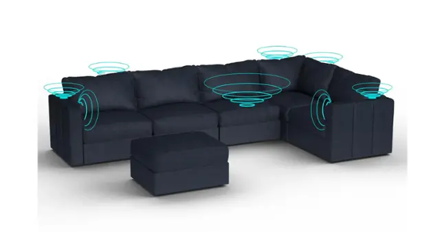 Front. Lovesac - 6 Seats + 8 Sides Midnight Navy Corded Velvet & Standard Foam with 8 Speaker Immersive Sound + Charge System - Midnight Navy.