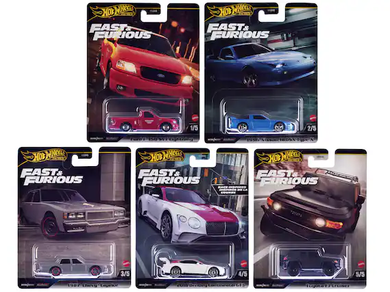 Hot Wheels Premium
Fast & Furious
1/5
Ford F-150 SVT Lightning
2/5
1996 Nissan 180SX Type X
3/5
1987 Chevy Caprice
4/5
2018 Bentley Continental GT3
5/5
Toyota FJ Cruiser
Race Inspired Course
