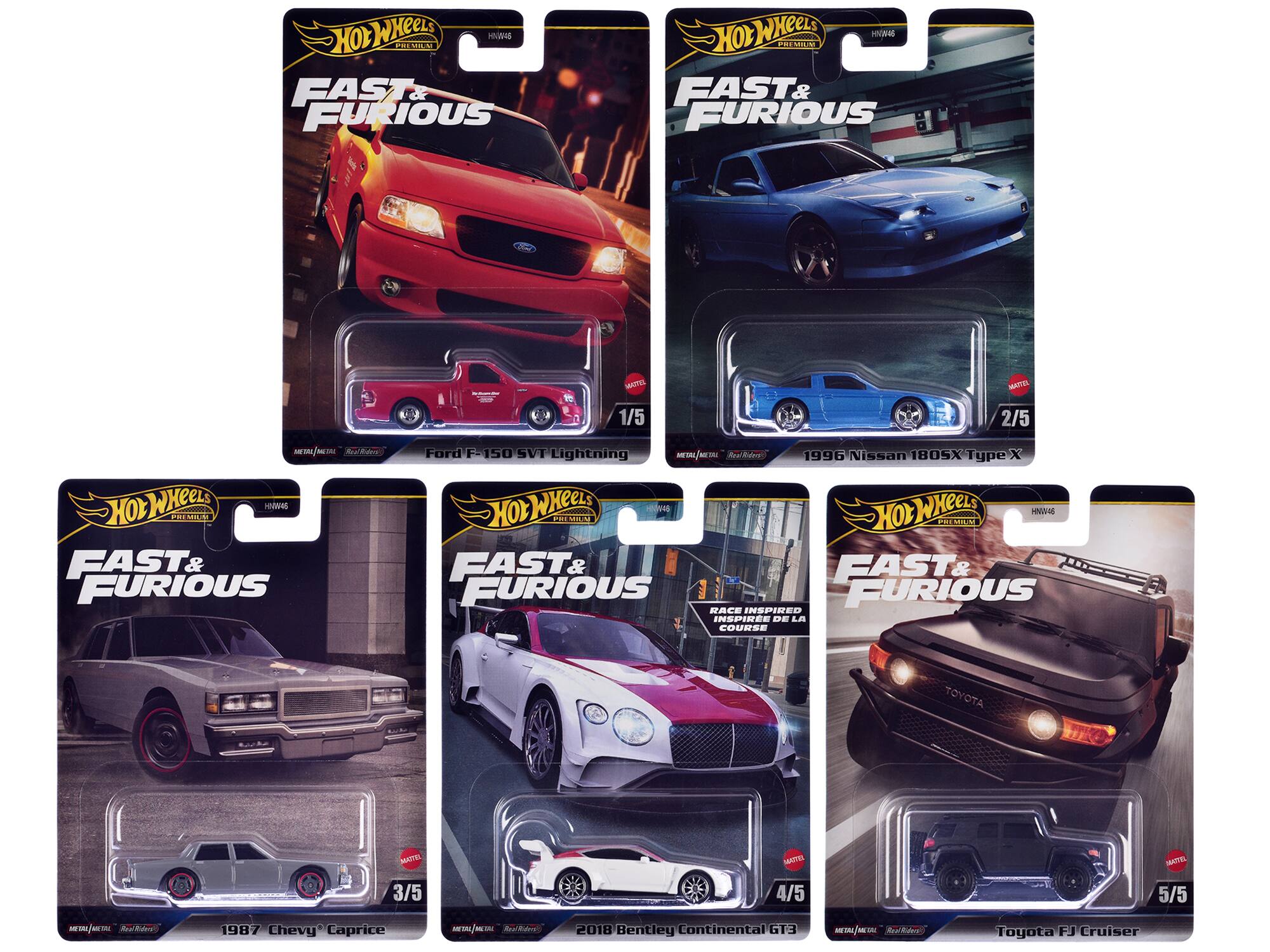 Hot Wheels Premium  
Fast & Furious  

1/5  
Ford F-150 SVT Lightning  

2/5  
1996 Nissan 180SX Type X  

3/5  
1987 Chevy Caprice  

4/5  
2018 Bentley Continental GT3  

5/5  
Toyota FJ Cruiser  

Race Inspired Course