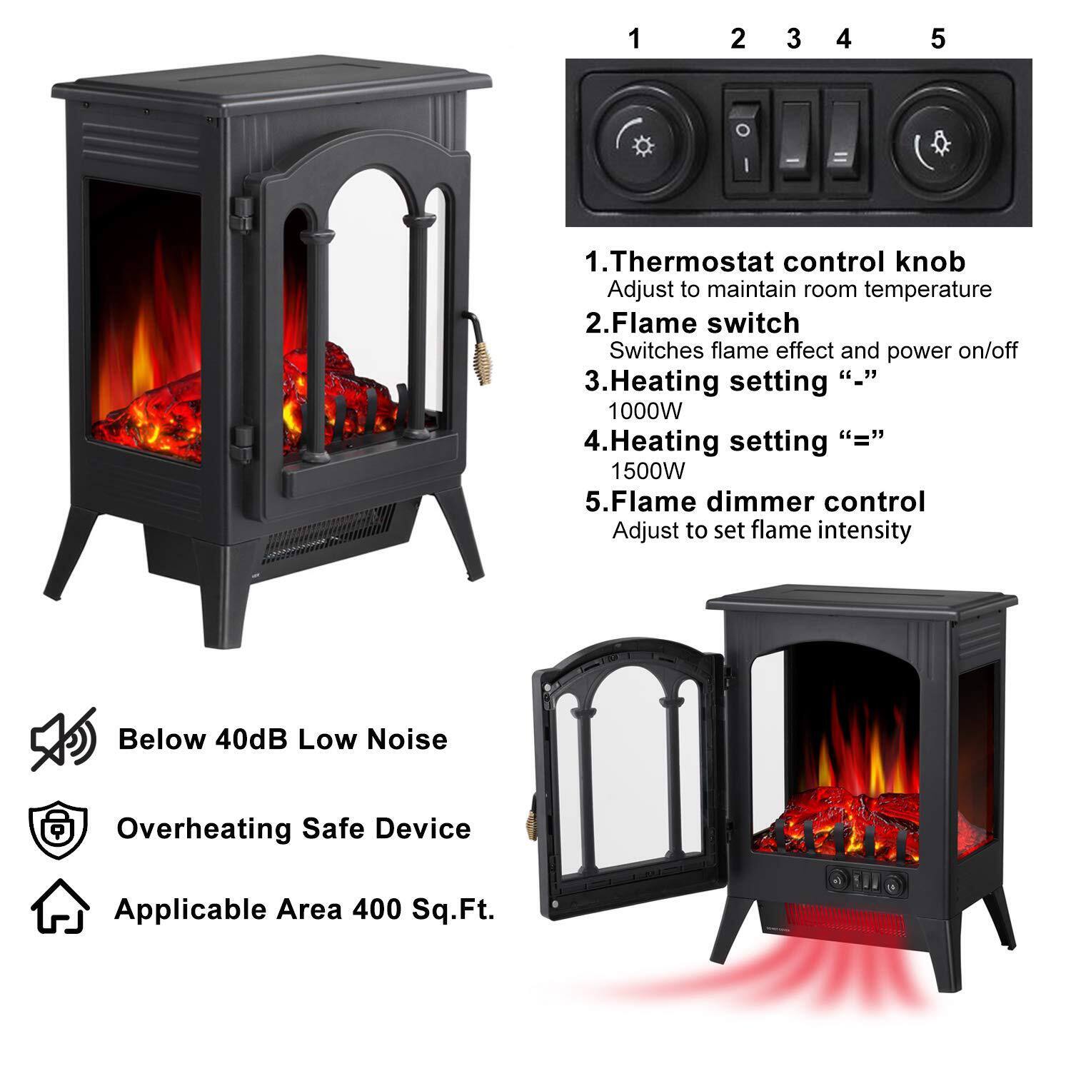 1. Thermostat control knob  
   Adjust to maintain room temperature

2. Flame switch  
   Switches flame effect and power on/off

3. Heating setting  
   1000W

4. Heating setting  
   1500W

5. Flame dimmer control  
   Adjust to set flame intensity

- Below 40dB Low Noise
- Overheating Safe Device
- Applicable Area 400 Sq.Ft.