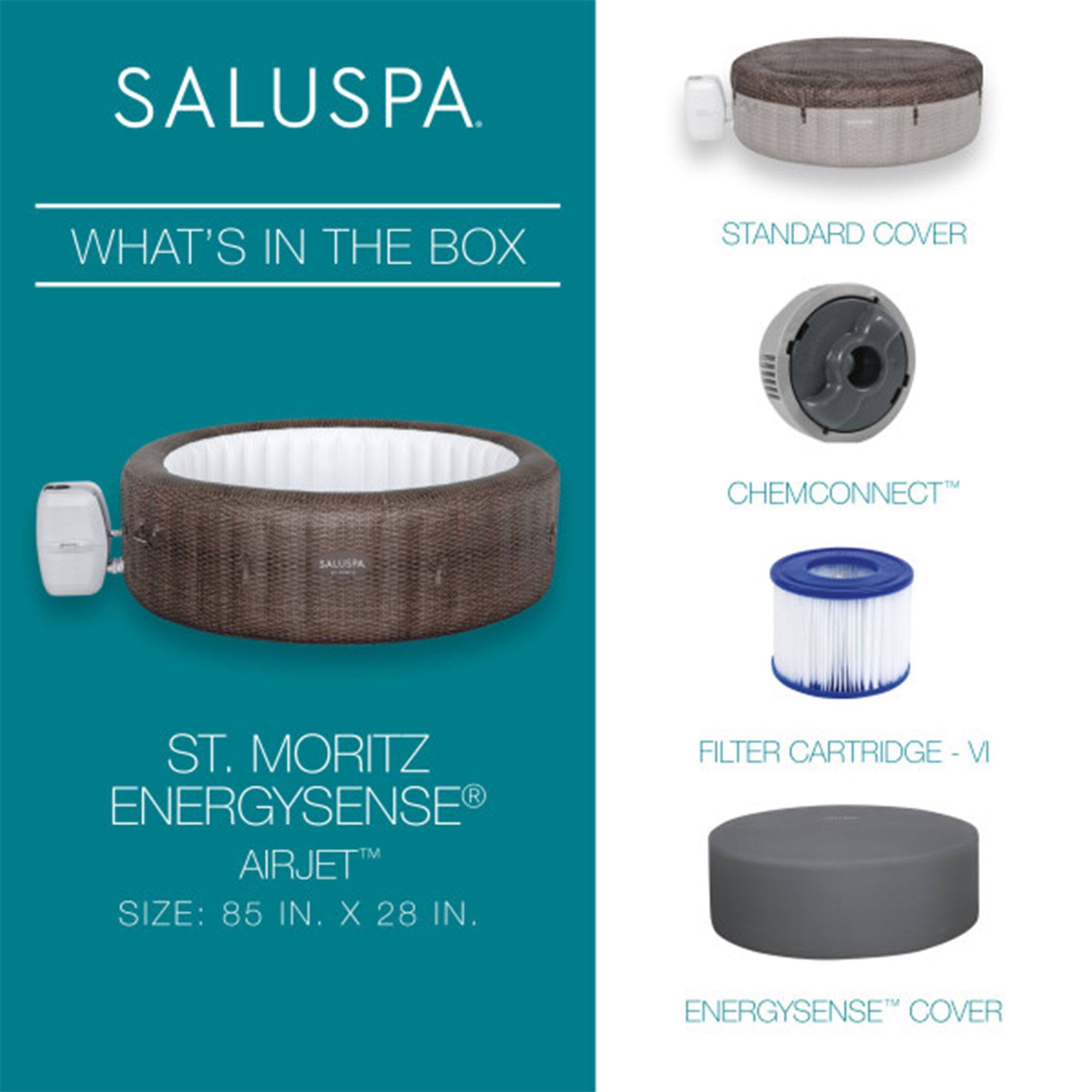 SALUSPA

WHAT'S IN THE BOX

ST. MORITZ ENERGYSENSE® AIRJET™  
SIZE: 85 IN. X 28 IN.

STANDARD COVER

CHEMCONNECT™

FILTER CARTRIDGE - VI

ENERGYSENSE™ COVER
