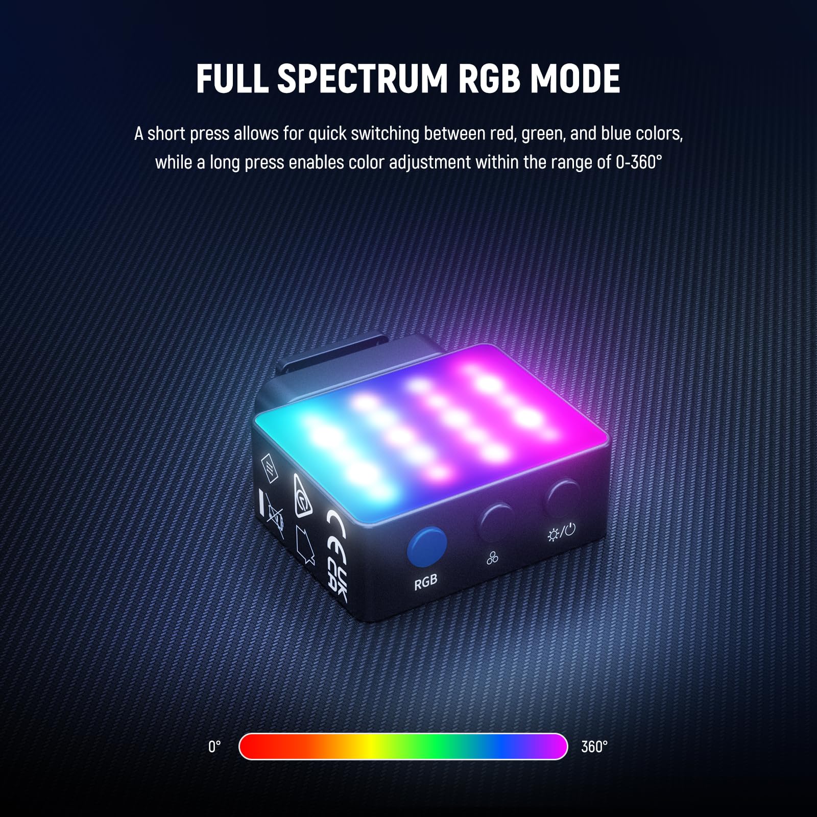 FULL SPECTRUM RGB MODE

A short press allows for quick switching between red, green, and blue colors, while a long press enables color adjustment within the range of 0-360°