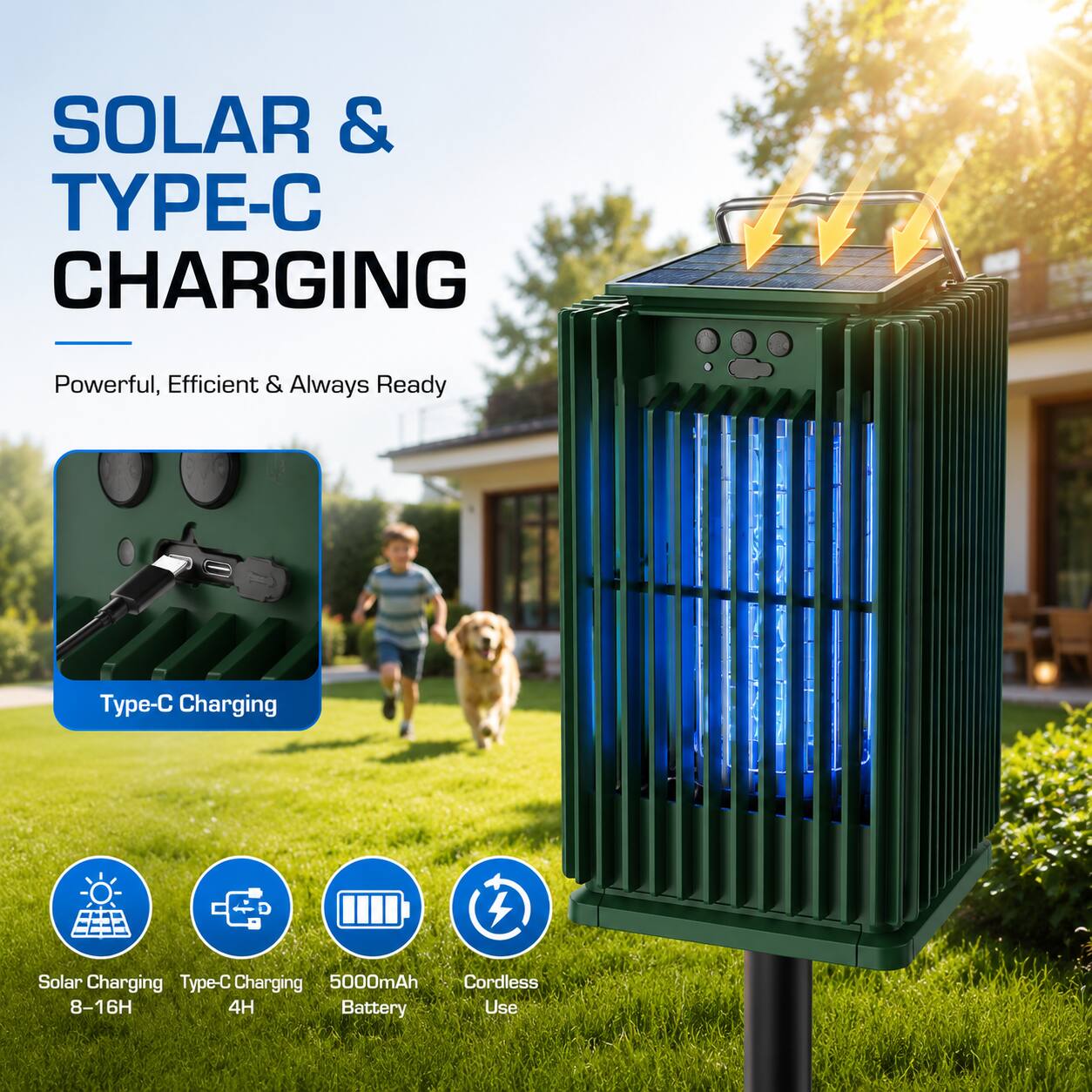 SOLAR & TYPE-C CHARGING  
Powerful, Efficient & Always Ready  

Type-C Charging  
Solar Charging  
5000mAh  
Cordless  
8-16H  
4H Battery Use
