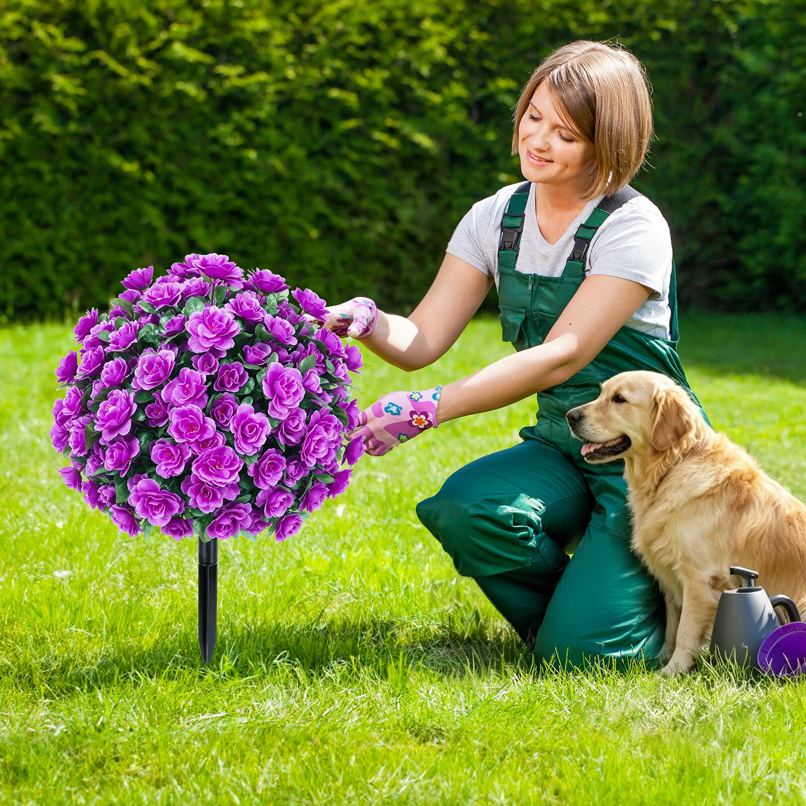 Alt View 3. Oumilen - 2 Pack Artificial Purple Rose Topiary Trees – UV Resistant Outdoor Fake Plants with Stakes, 21.6in for Garden Yard - Purple.