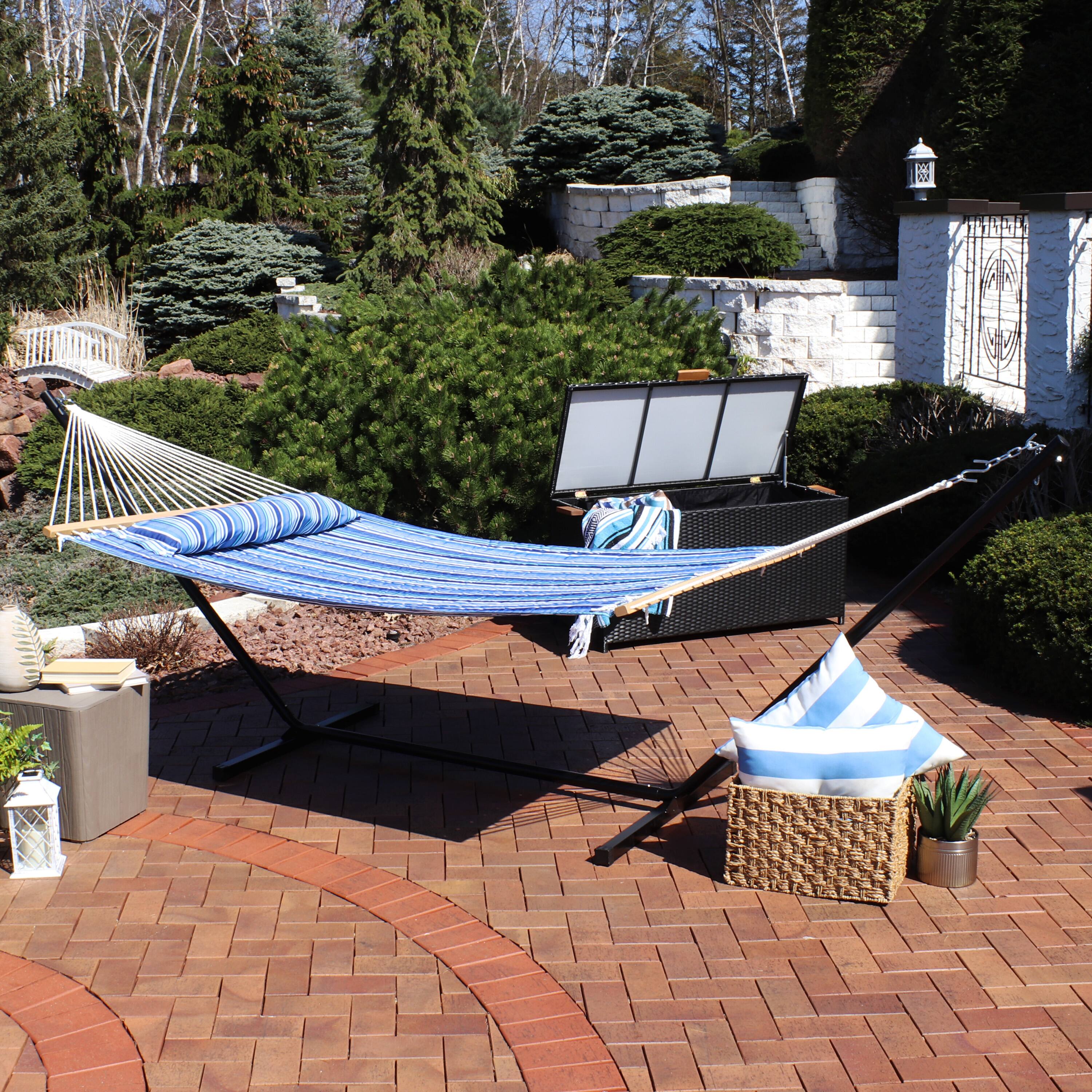 Alt View 4. Sunnydaze - 2-Person Quilted Fabric Hammock with Steel Stand - Catalina Beach.