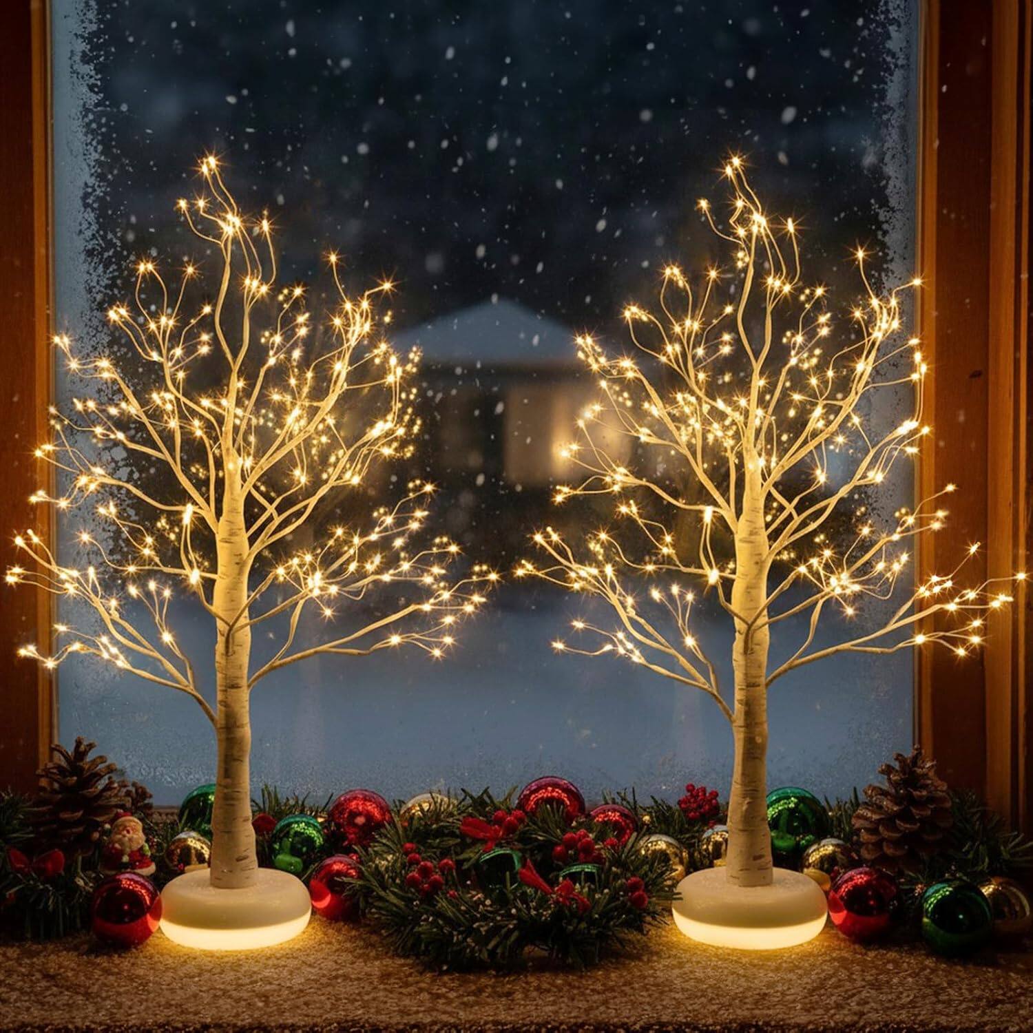 Front. ACJPR - LED Birch Tree 2-Pack – USB Powered, Timer & Dimmer, White Artificial Decor - White.