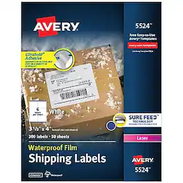 Avery - Waterproof Laser Shipping Labels, 3-1/3" x 4", 300 Labels/Box - Matte White